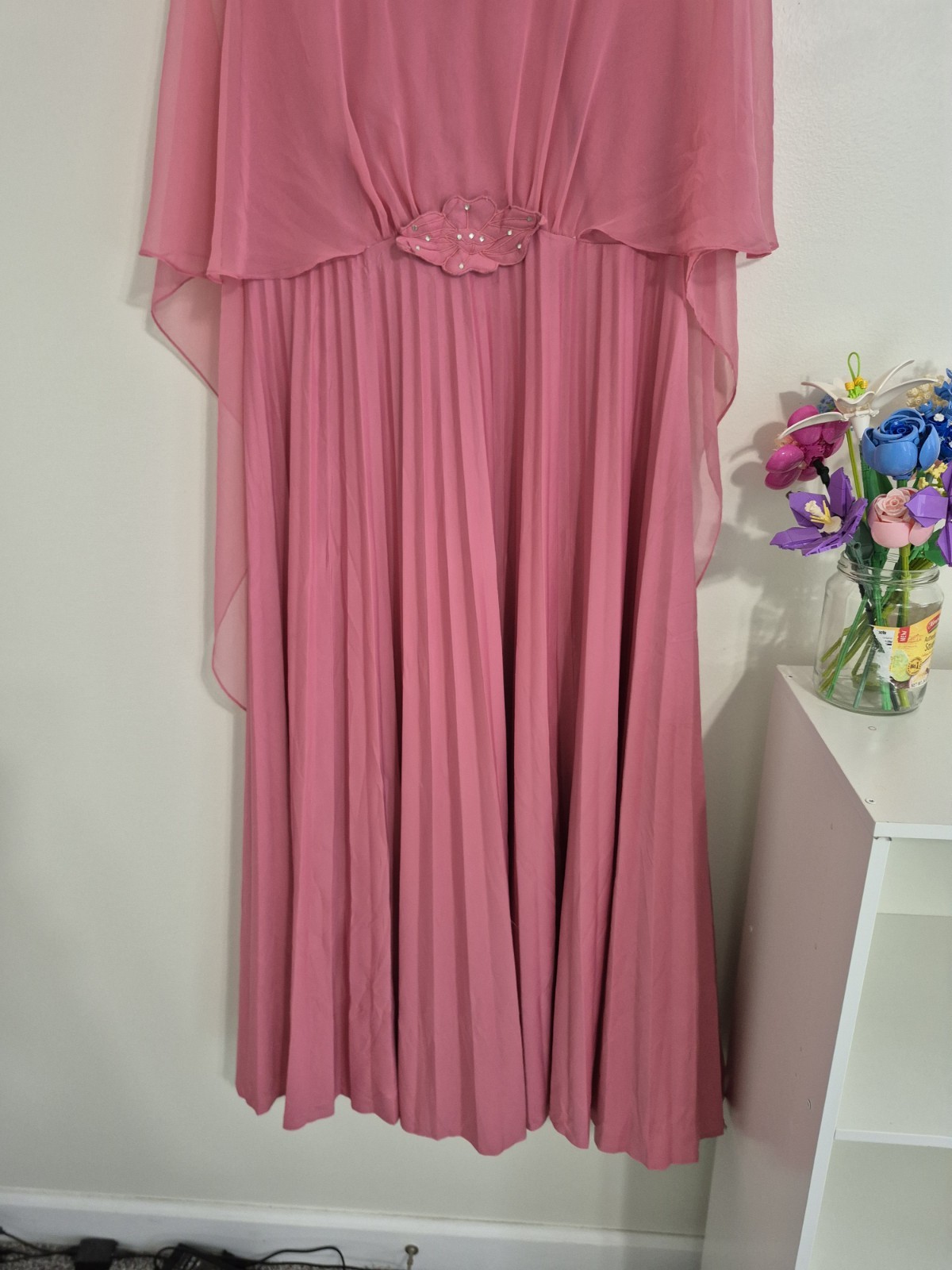 Vintage 70/80s Pink Accordion Pleated Cape Dress Maxi Gown ILGWU Union Made M/L