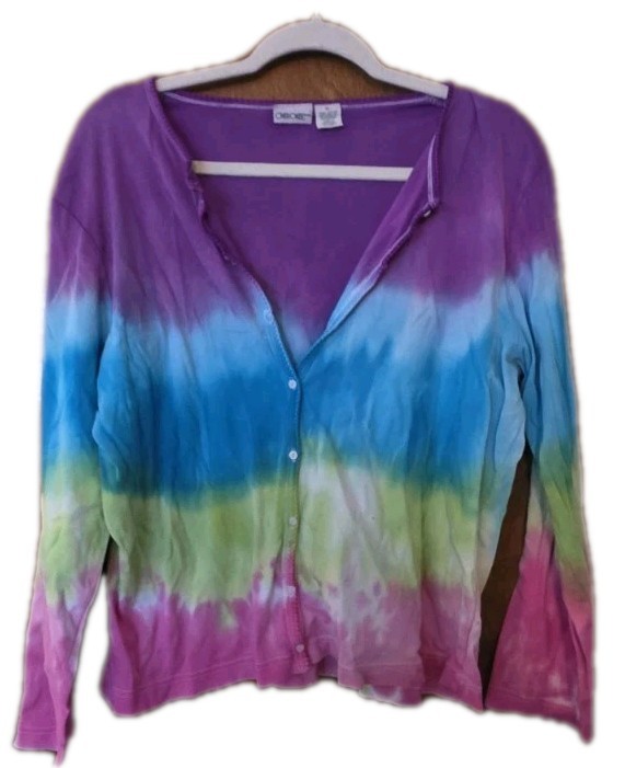 Vintage Cherokee Tie Dye Cardigan XL Rainbow Button Up 100% Cotton Y2K Boho