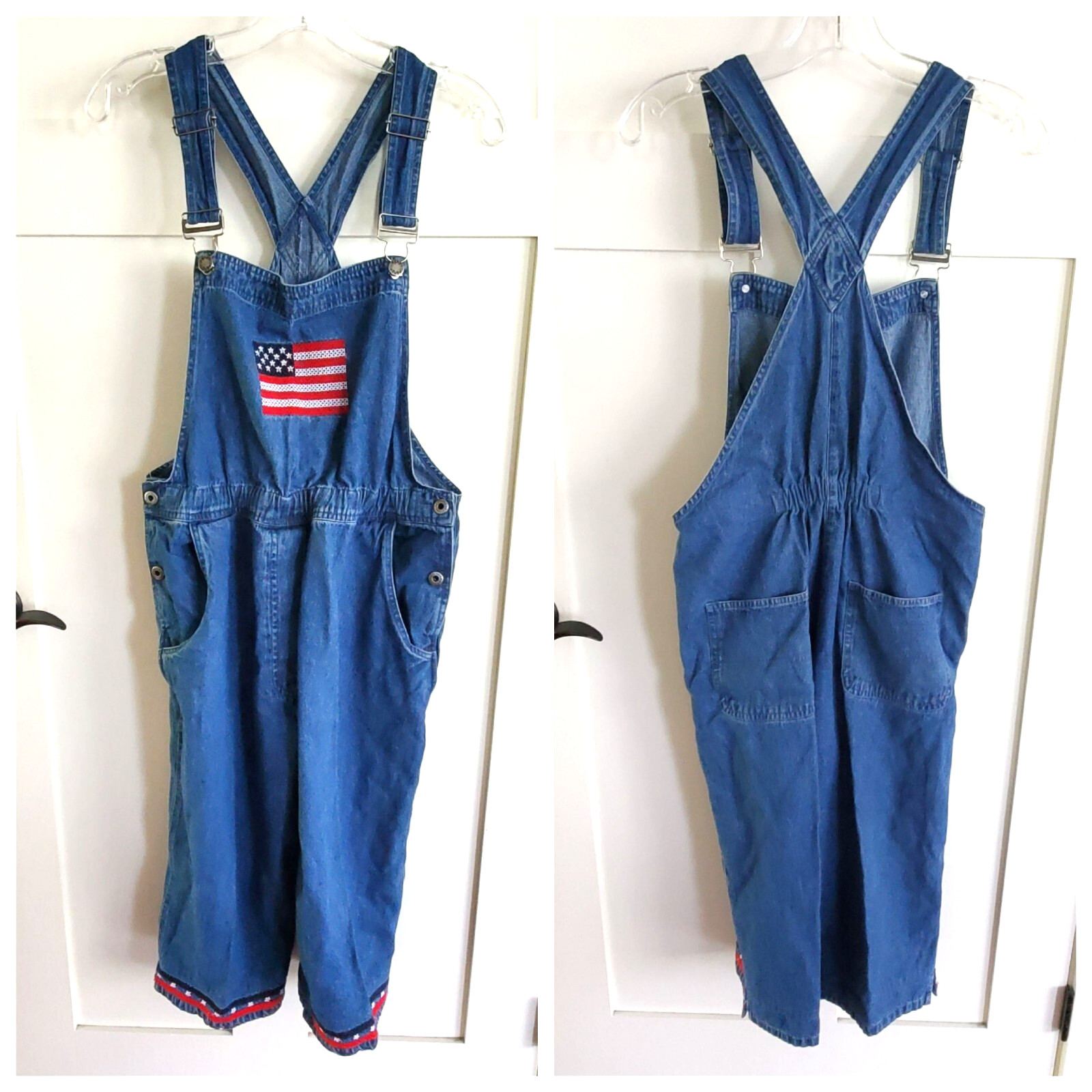 VTG 90s USA Patriotic Flag Bibs Overalls Womens M Denim Cropped Jean July 4th