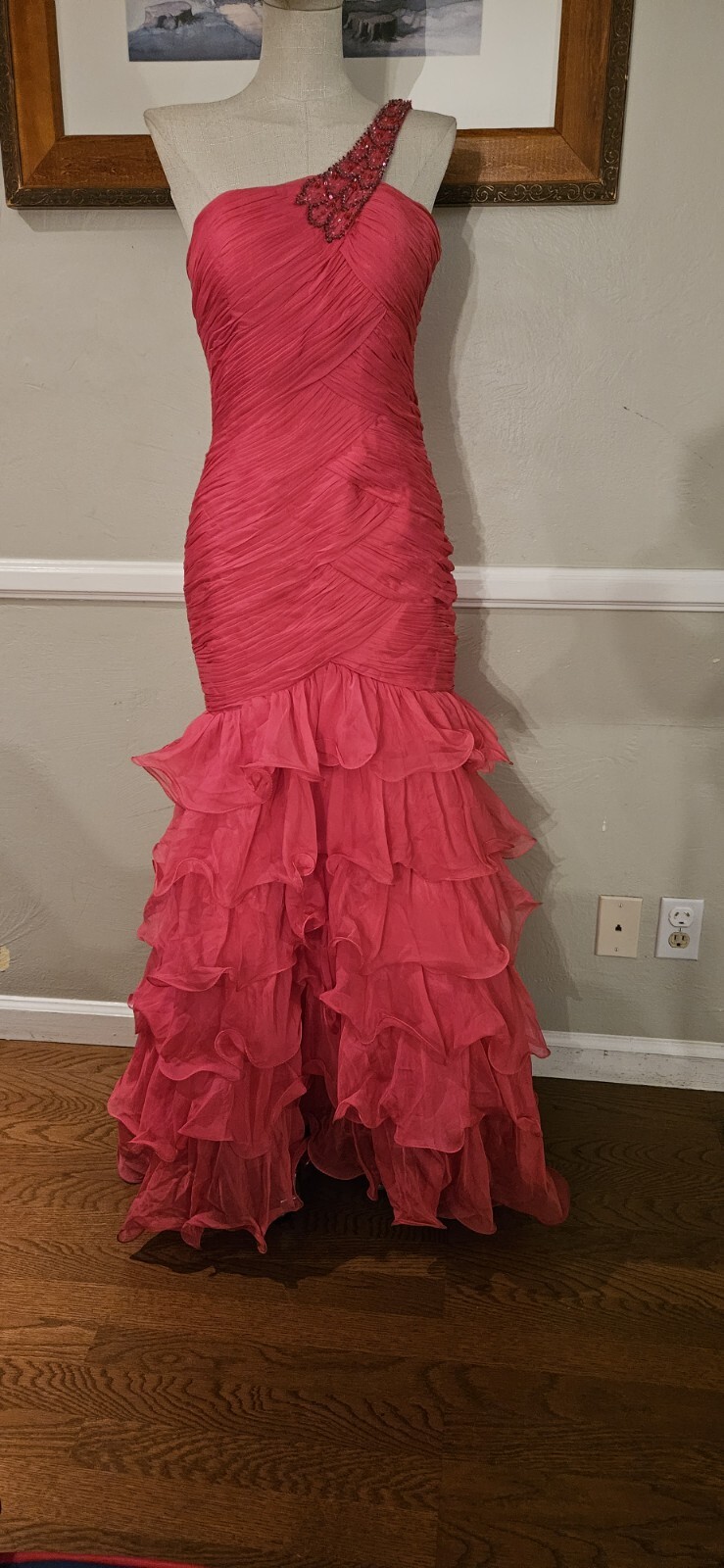 Vintage 1982 Deep Coral Ruffeled Single Goen With Beaded Accents As Pictured