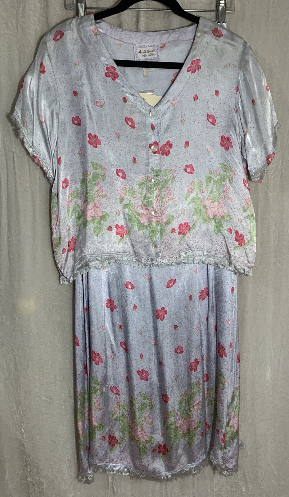 April Cornell Top And Skirt Set Blue And Pink Satin Flowers Size L NWT