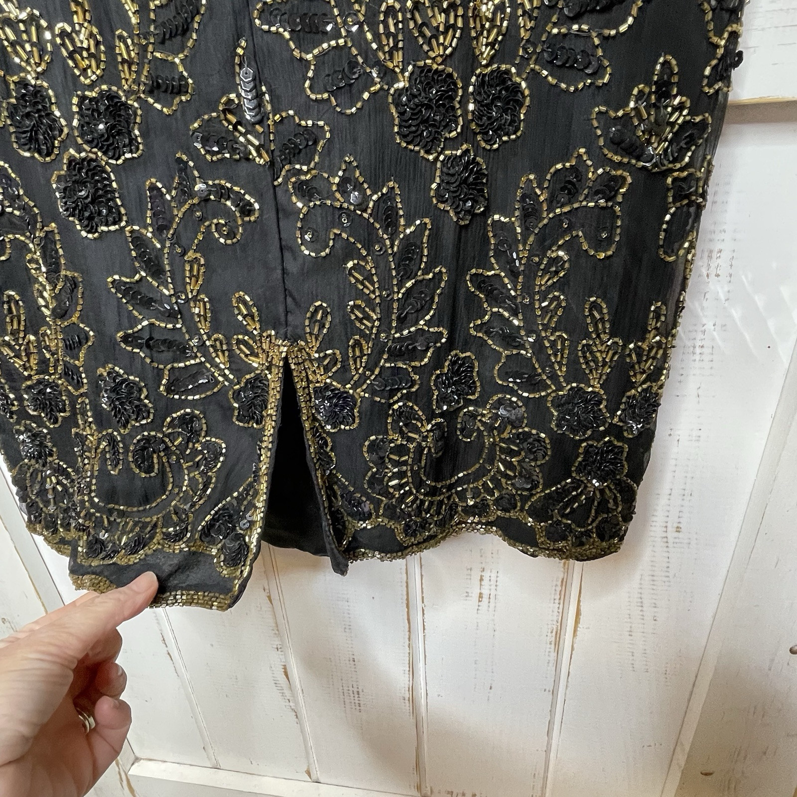 STENAY NWT VTG Black Gold SILK Floral Beaded Sequin Tiered Evening Gown Dress 14