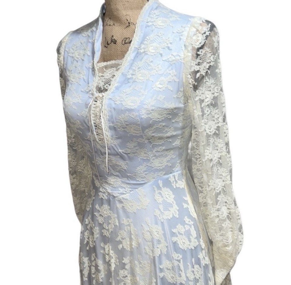 Vintage Prairie Lace Dress XS Powder Blue Romantic Cottagecore Midi