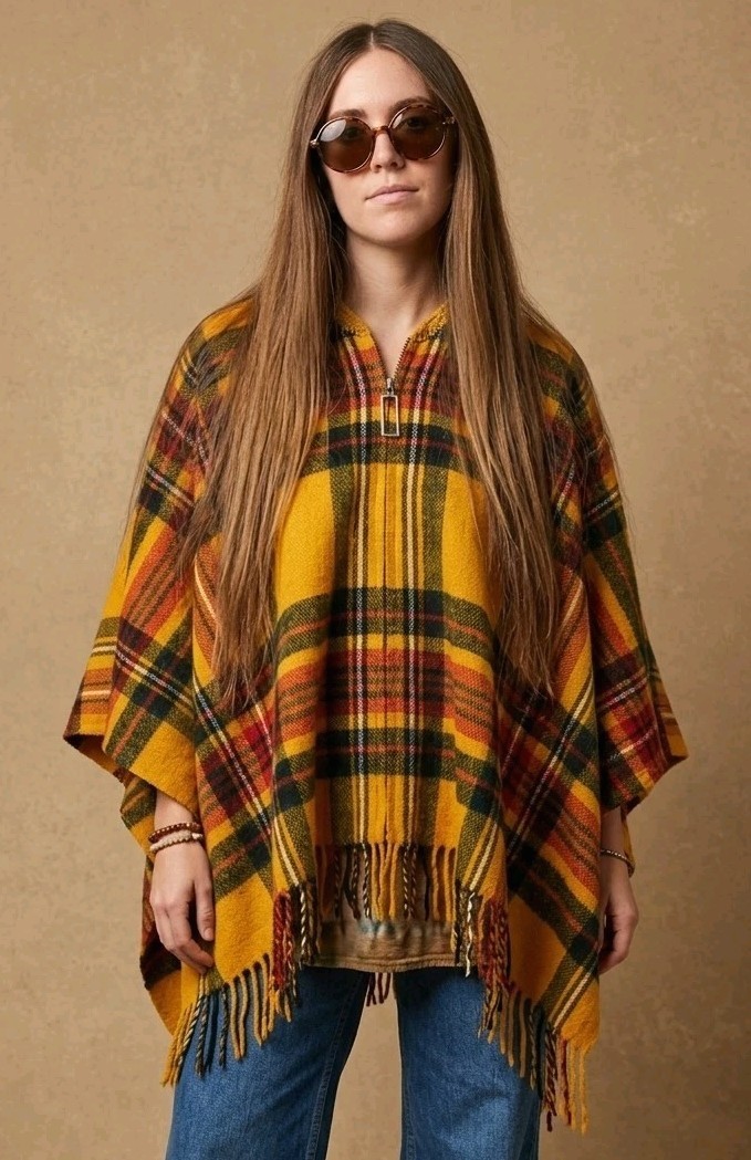 Vtg 60’S Yellow Plaid Blanket Poncho Full Zip Crochet Collar Fringe NYNCO USA OS