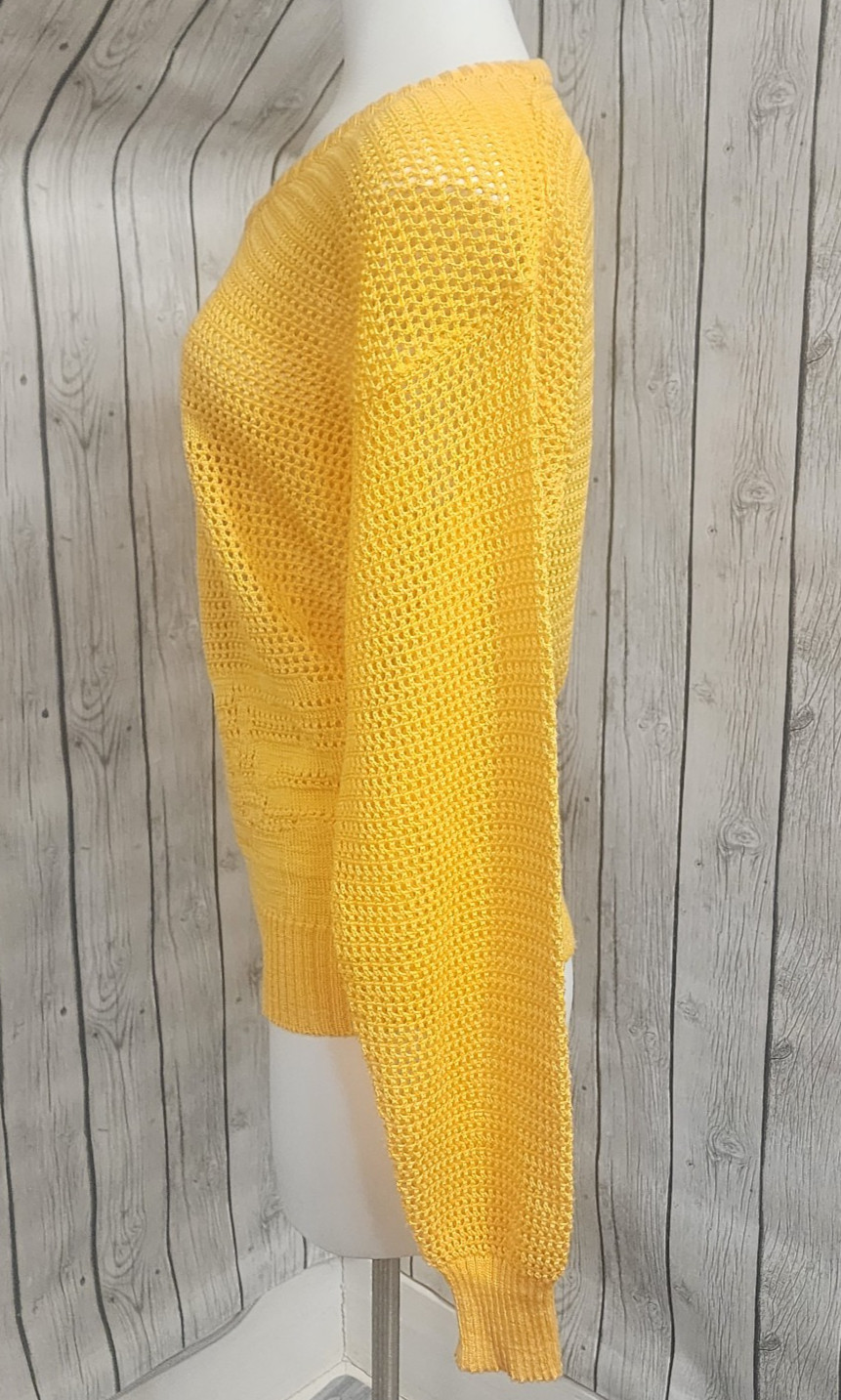 Vintage Givenchy for Chesa Yellow Open Knit Sweater Palm Tree Island Scene M