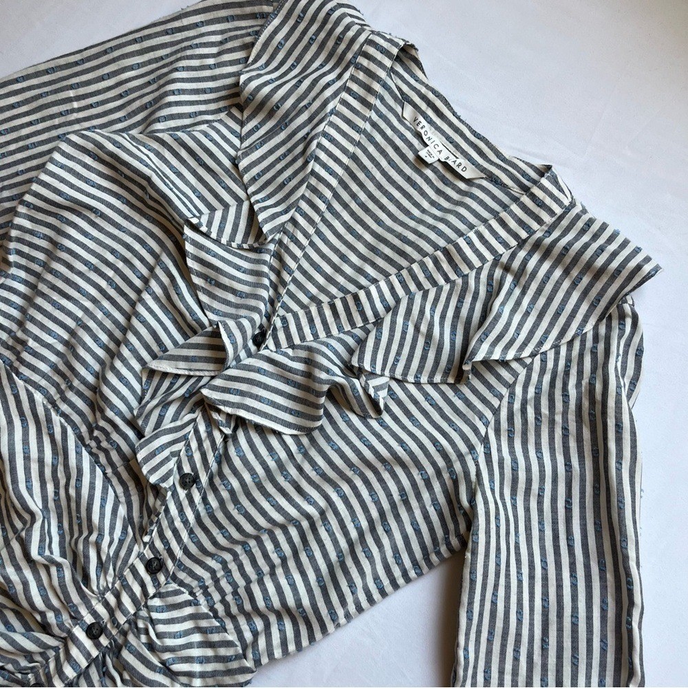 VERONICA BEARD ivory grey striped Swiss dot ruffle button up long sleeve mini