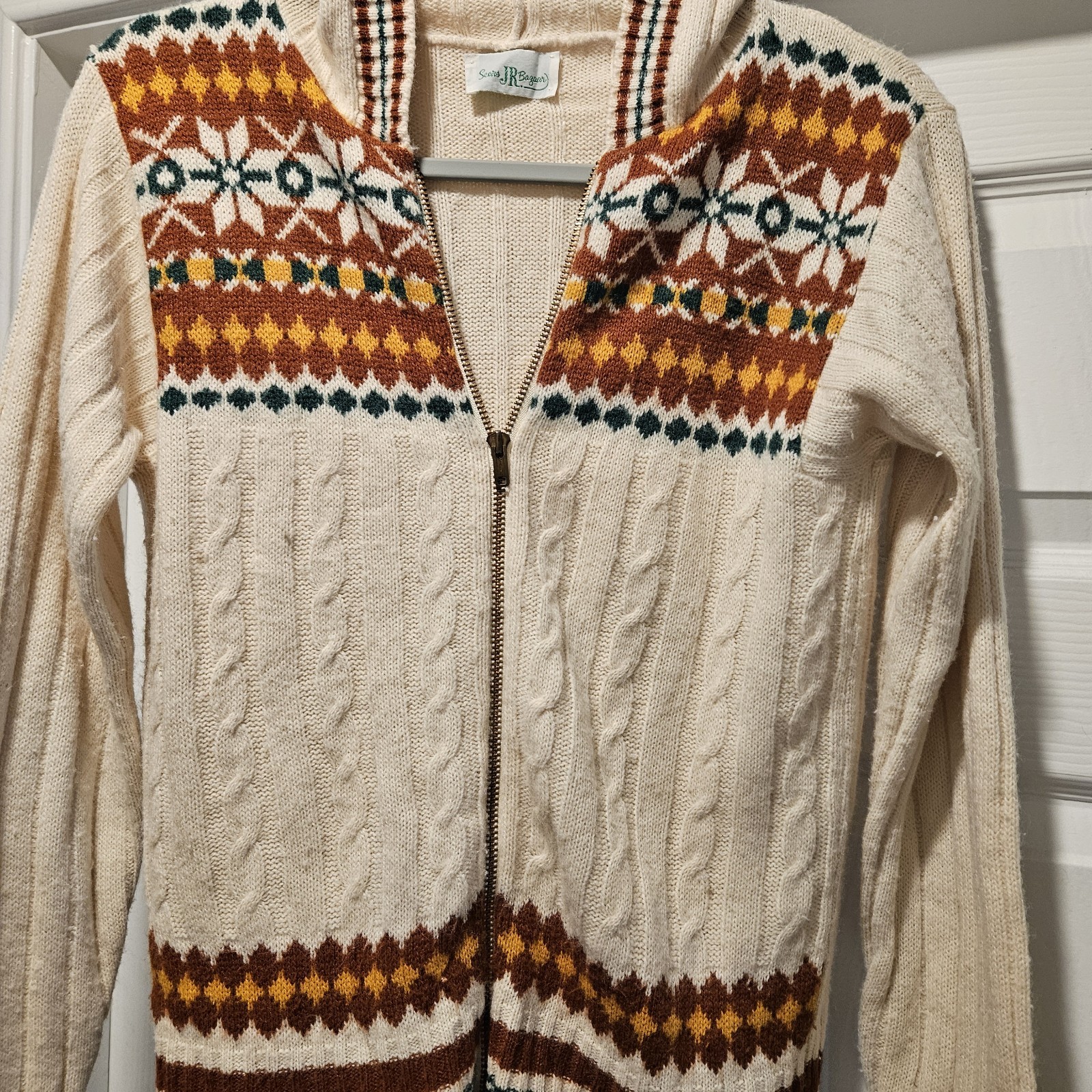 Vintage 1970s Sears Jr Bazaar Fair Isle Zip Hoodie Sweater Cream Brown Cable…