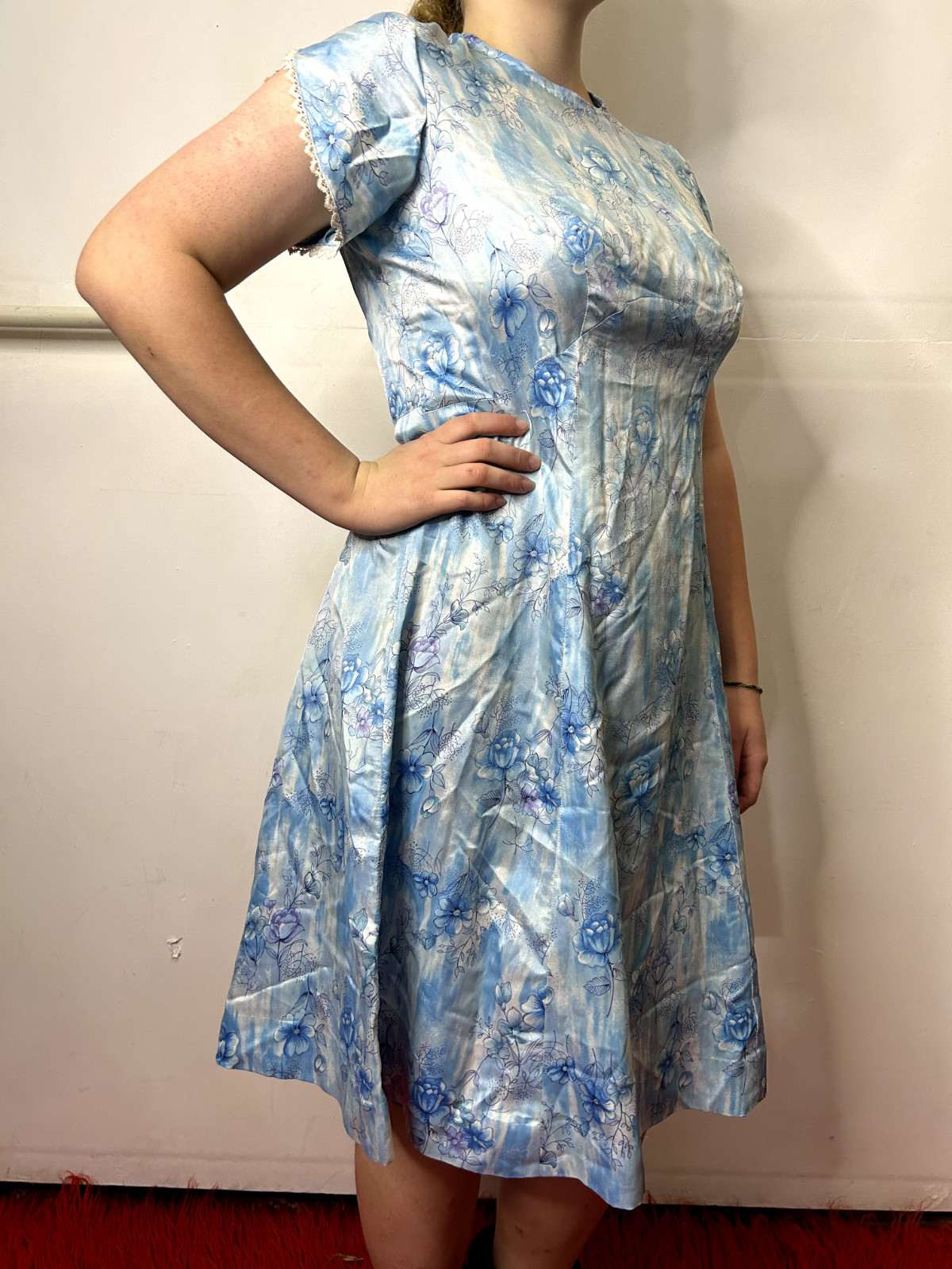 Vintage 1980s does 50s Baby Blue Floral Dress A-Line Cocktail Lace Trim AU 14
