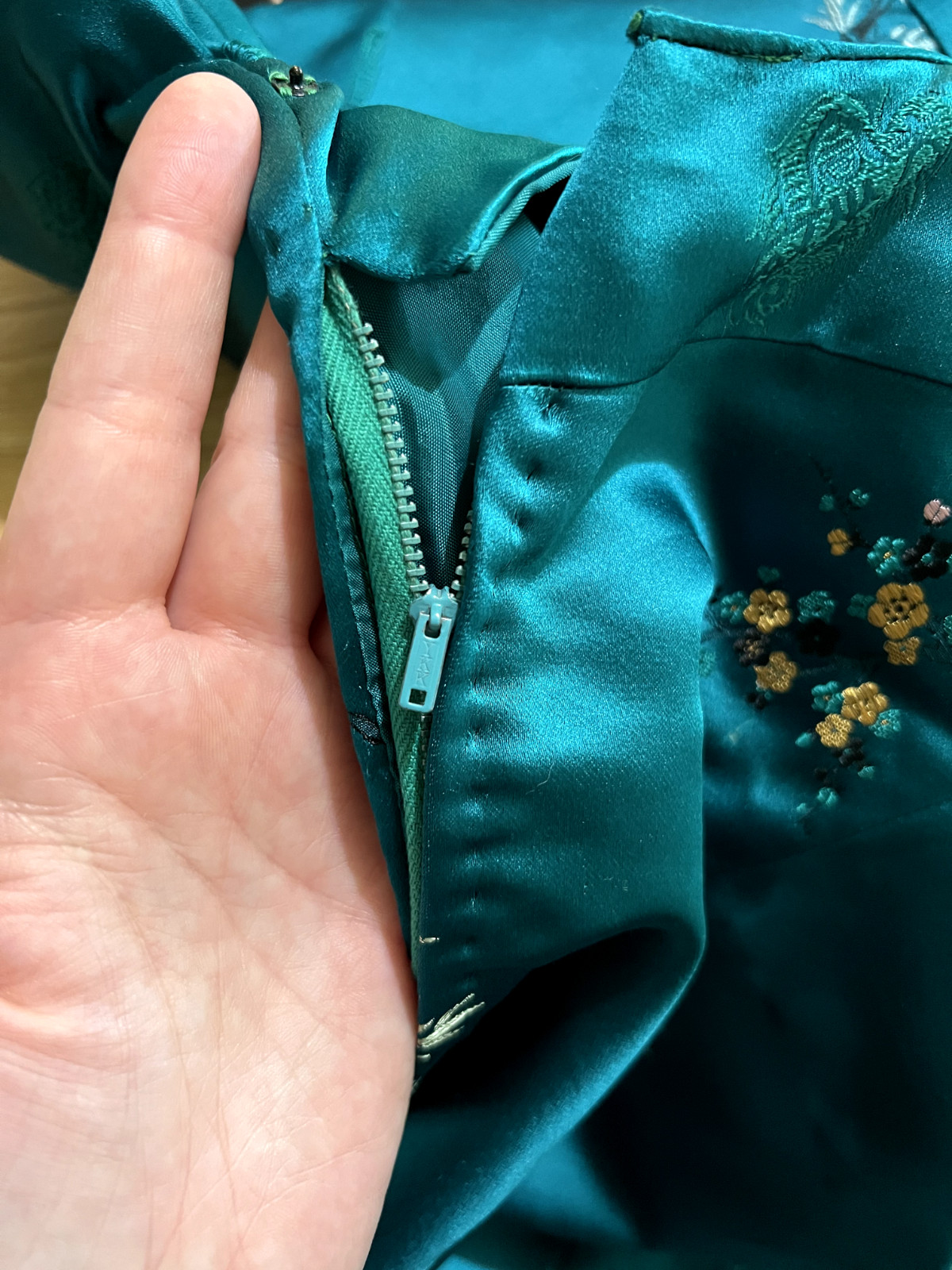 Vintage 1960’s Silk Blue Green Hue 60s Cheongsam Qipao Dress Floral Embroidery