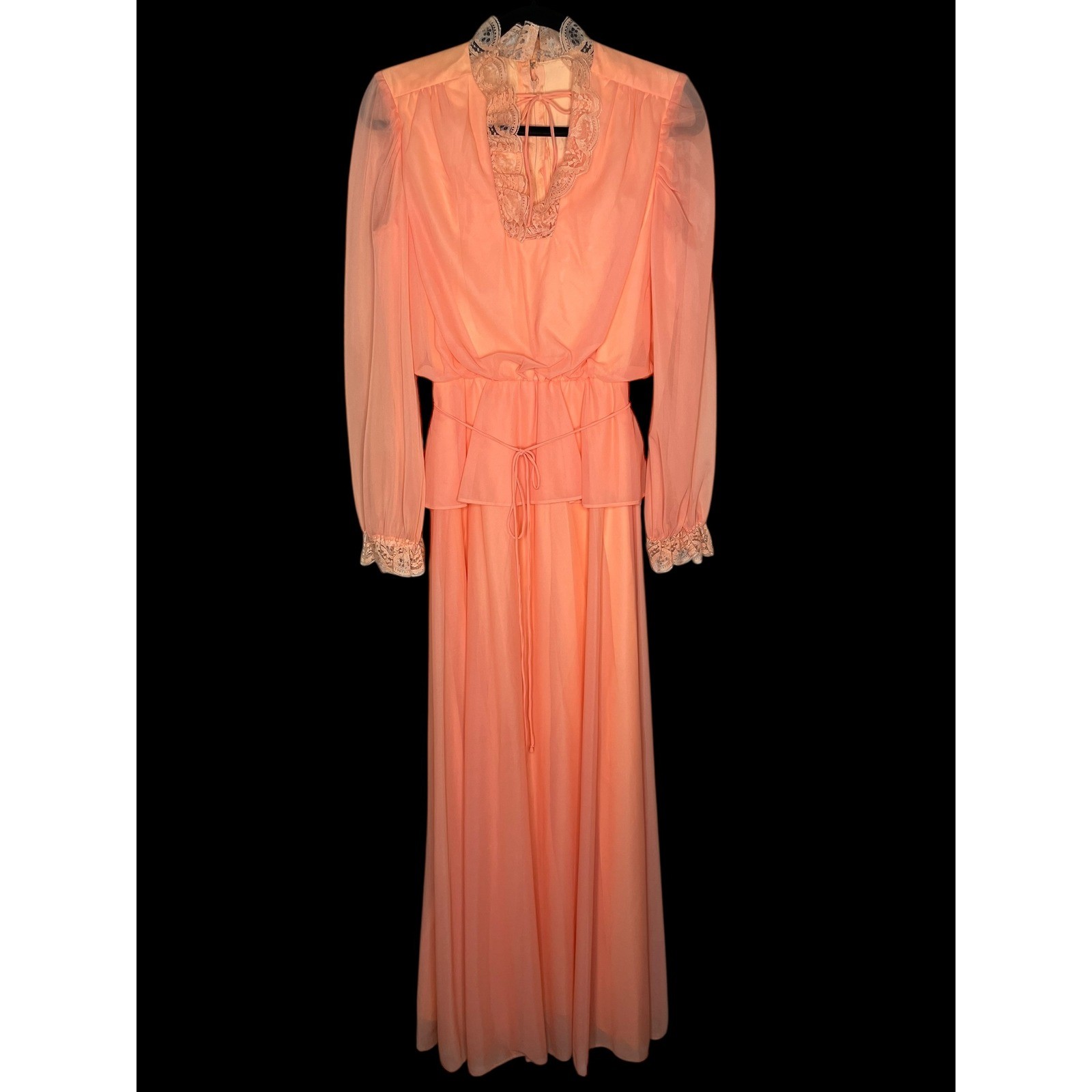 Vintage 70s Peachy Orange Lace Victorian Inspired Maxi Dress Sheer Long Sleeve