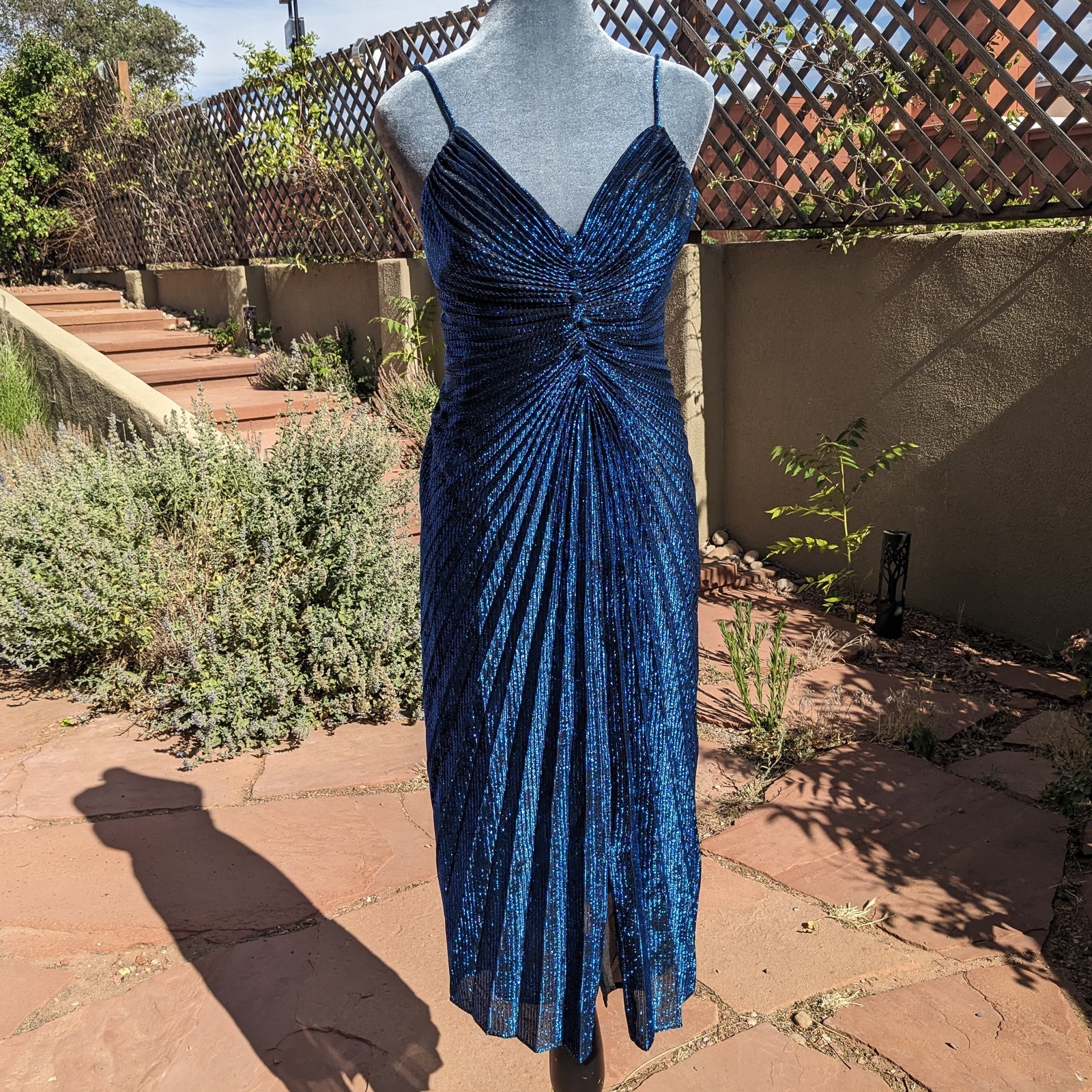 Vintage 80s Metallic Blue Pleated Disco Party Dress S/M Travilla-Style Accordion