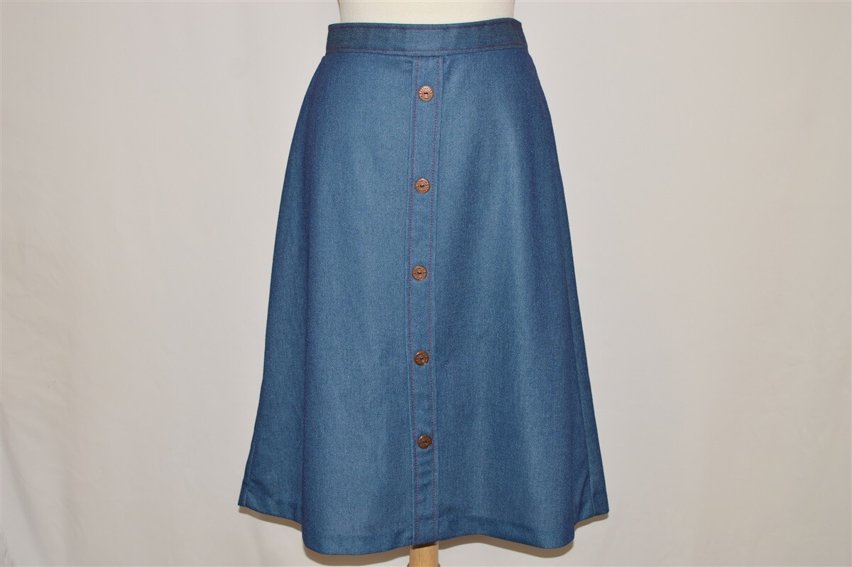 vintage 70s LAURENTE POLYESTER NAVY BLUE BUTTON FRONT WOMEN’S A LINE SKIRT 13/15