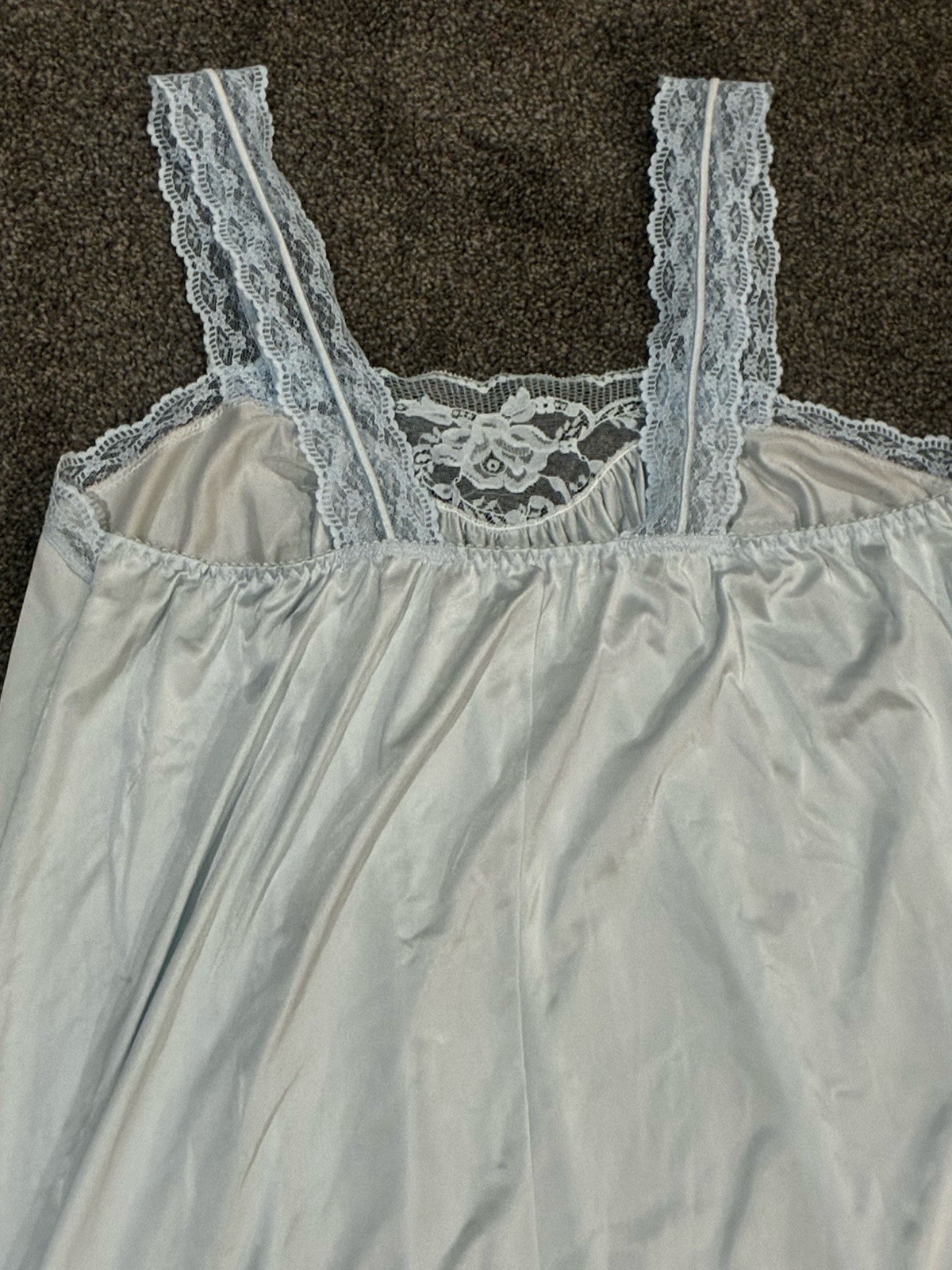 Vintage Long Blue Shadowline Sleeveless Nightgown Lace Neckline MED