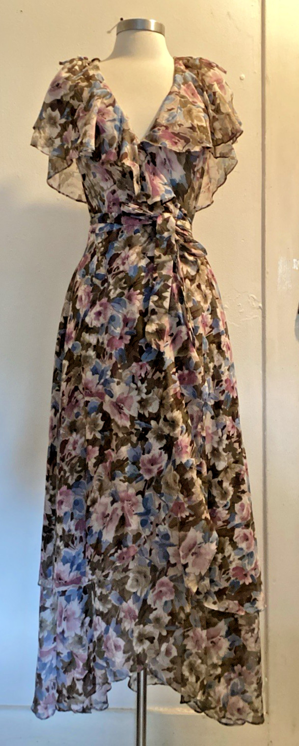 vintage 70’s cotton voile floral wrap maxi dress sz S/M