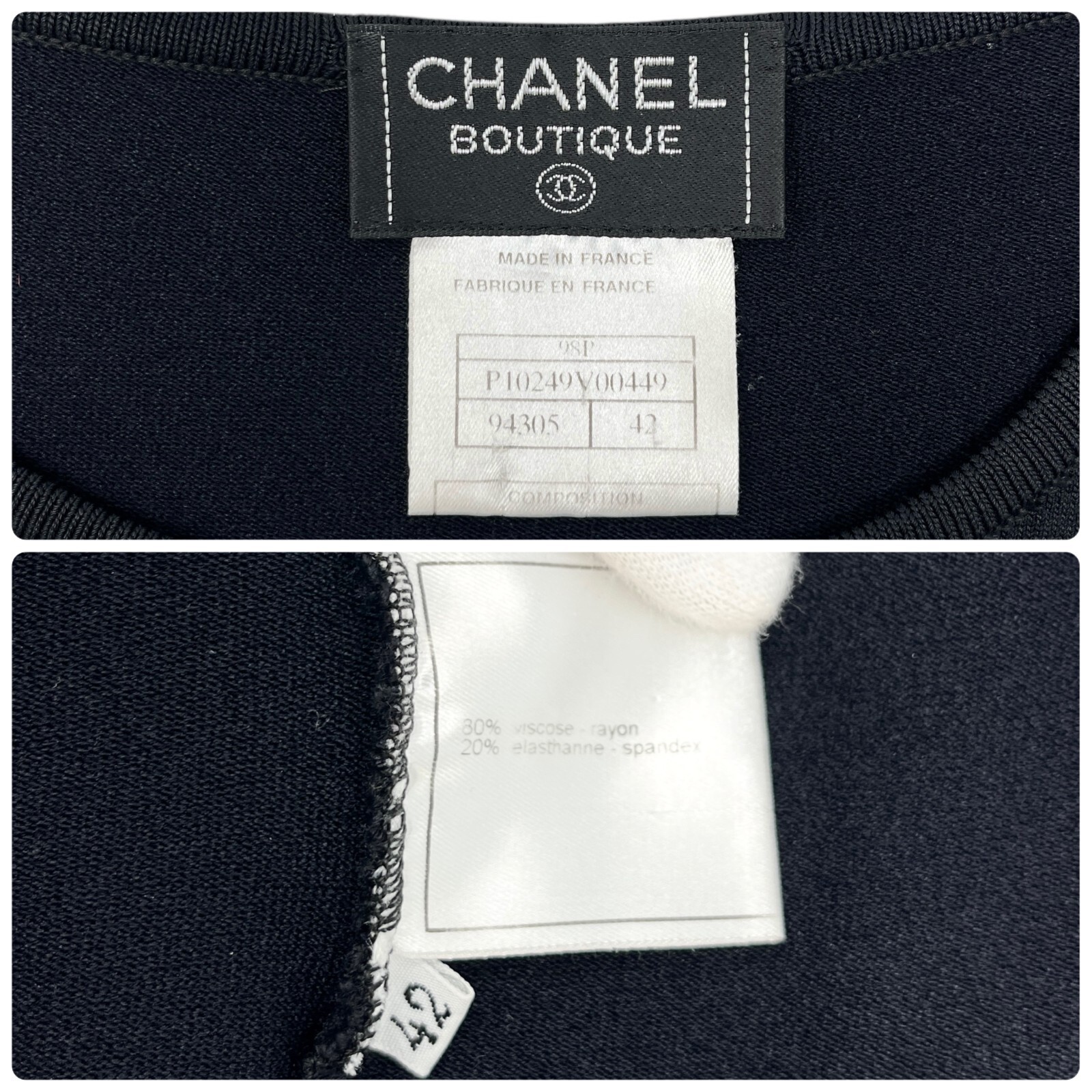CHANEL Vintage 98P CC Logo Knit Tank Top #42 Round Neck Spandex Black Rayon