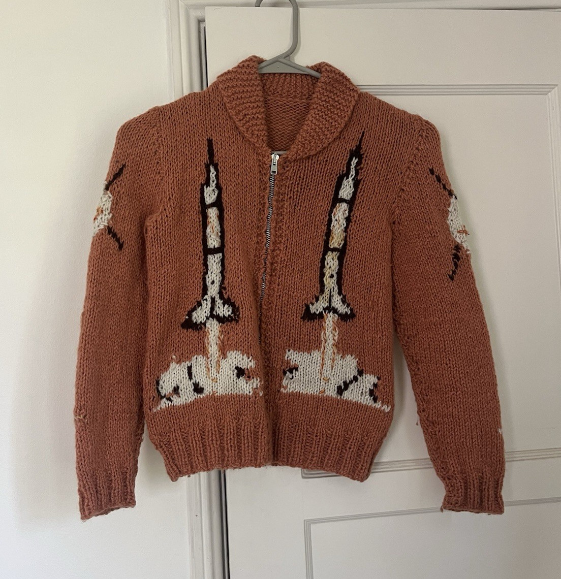 1950s Cowichan Wool Full Zip Collared Rocket Space Sweater XS