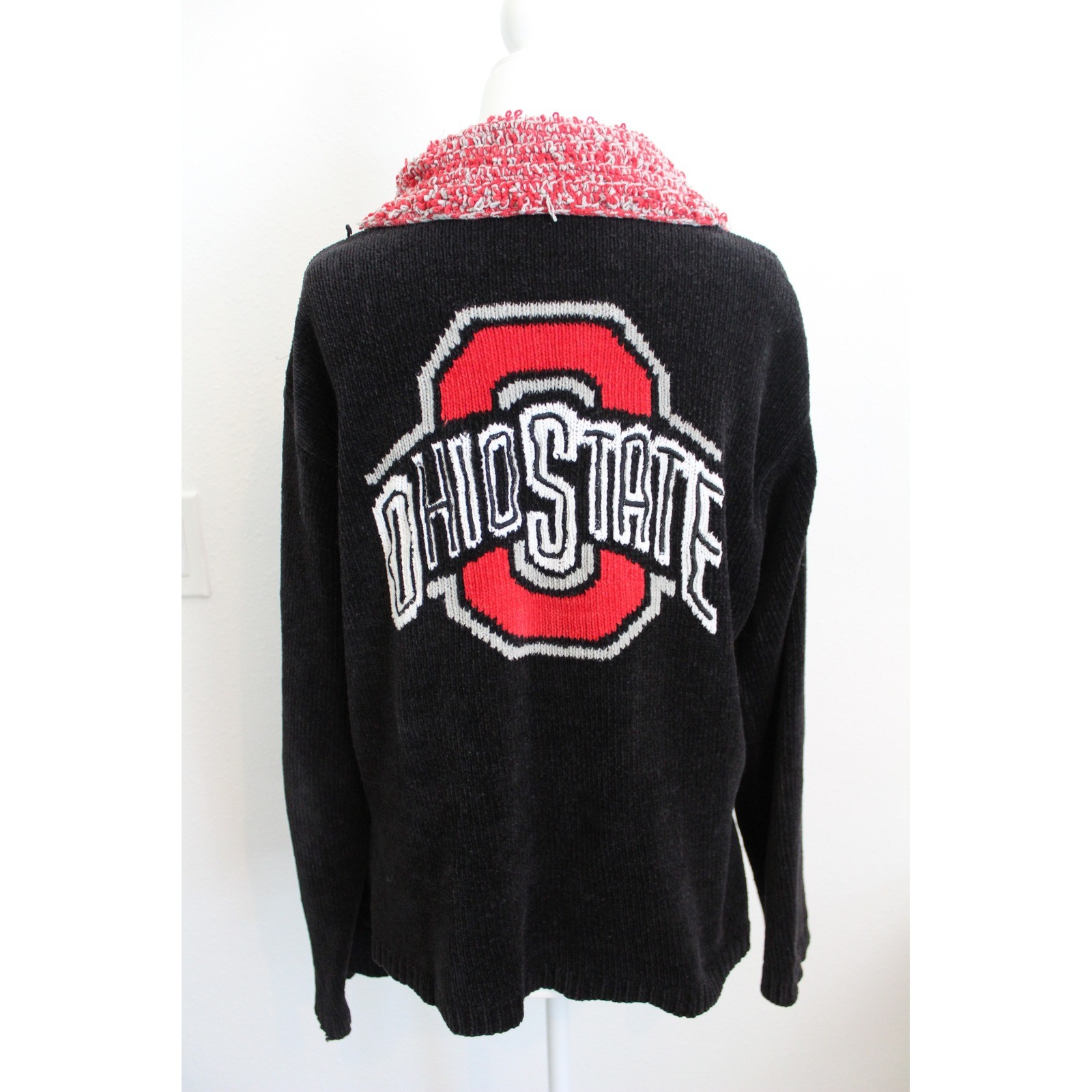 VTG Belle Pointe Ohio State Buckeyes Zip Chenille Sweater Black Red XL