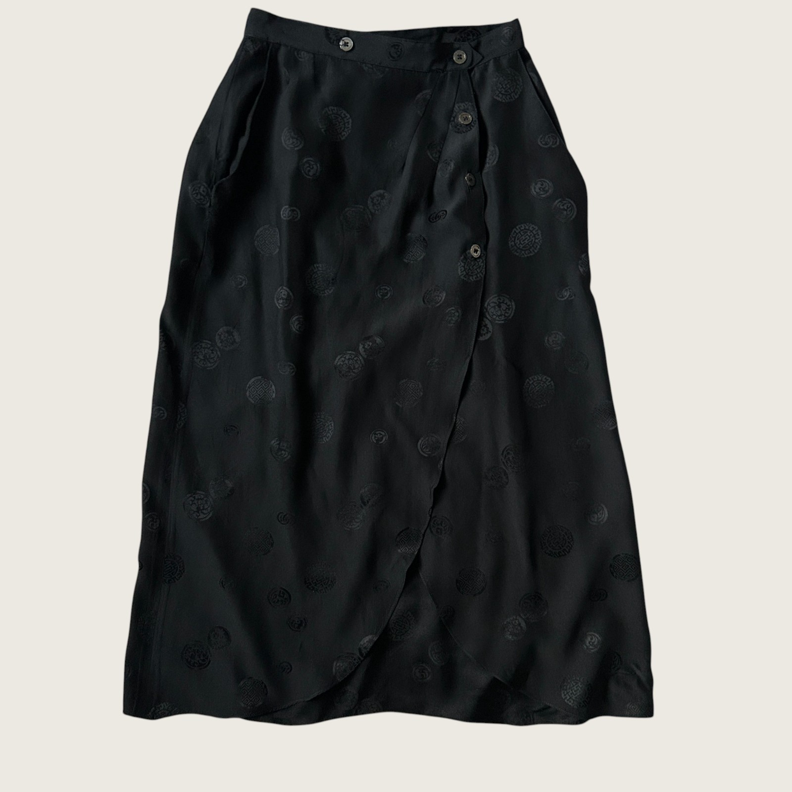 Vintage DBA Black Silk Embossed Pattern Midi Skirt Button Front Asian Inspired