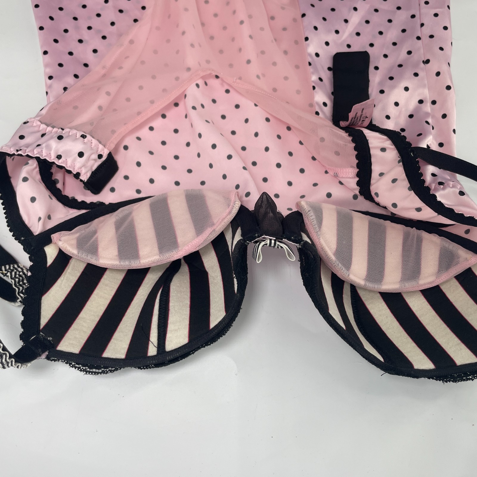 VTG Victorias Secret Y2K Milkmaid Cami Pink Black Polka Dot Lace Trim 34B Pin Up