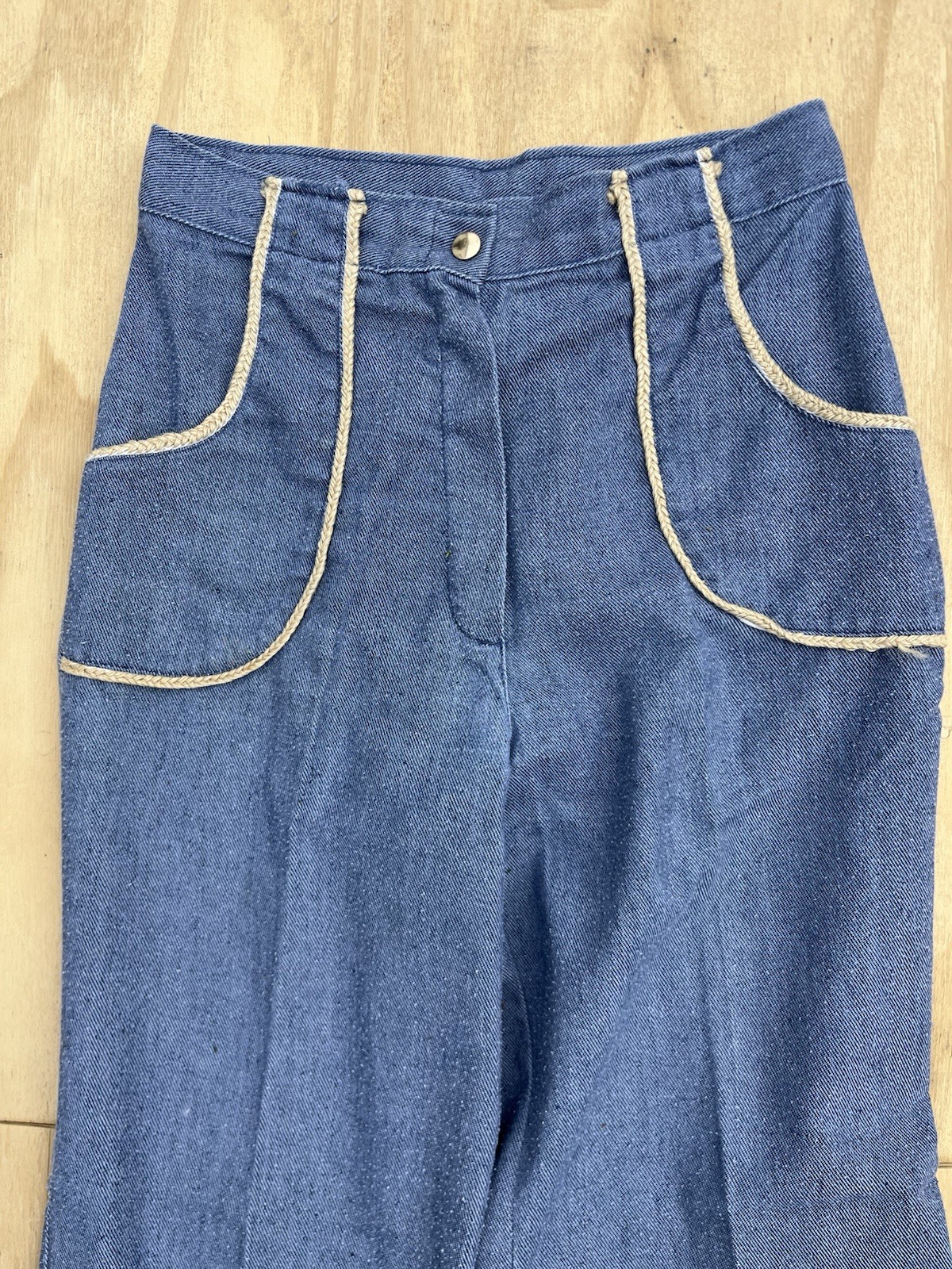 Vtg 70s Western Chambray Pants Braided Rope Trim High Waist Wide Leg Wide Leg 28