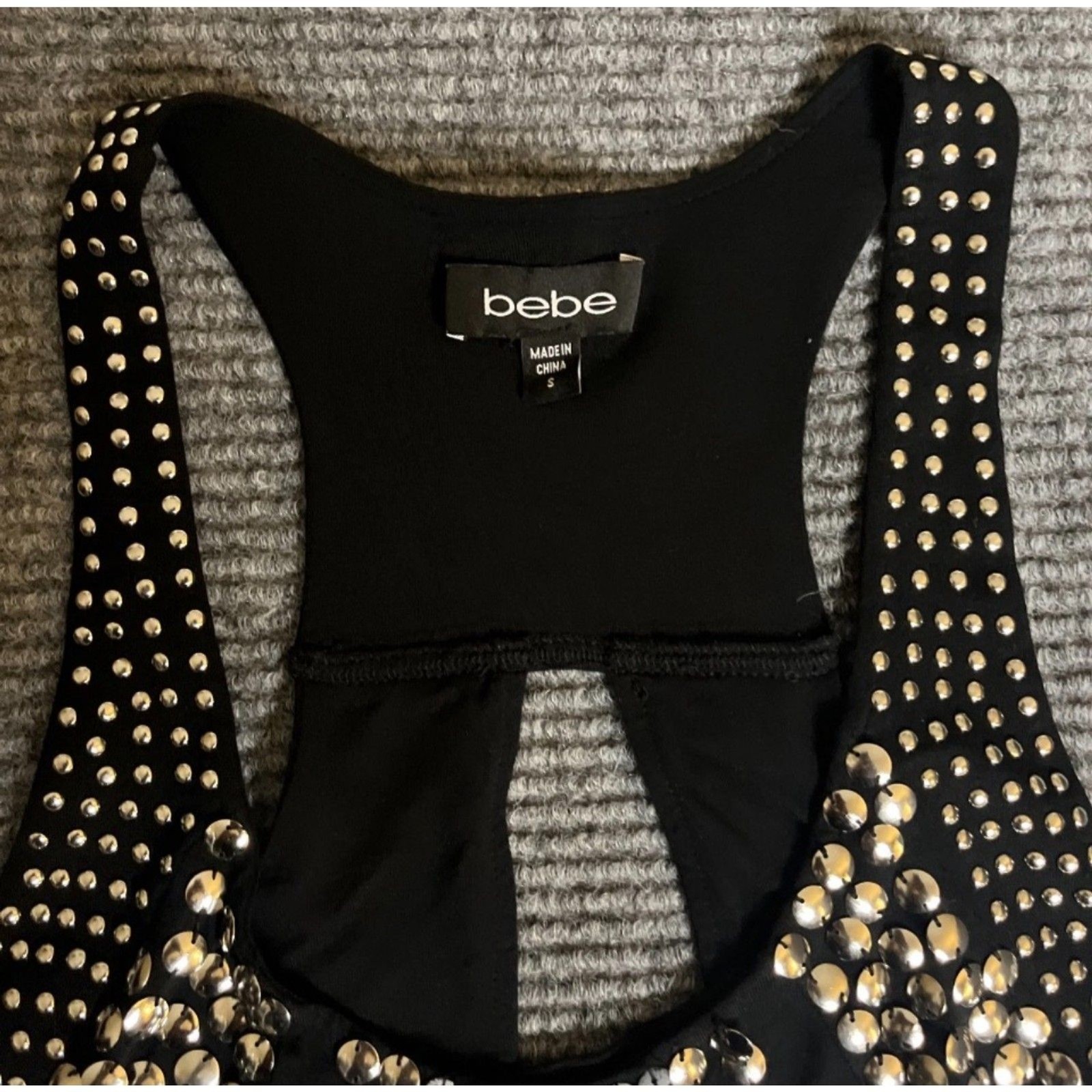 VTG Y2K Bebe Black Tank Top Gold Studded Embellished Keyhole Back Clubwear Sz S