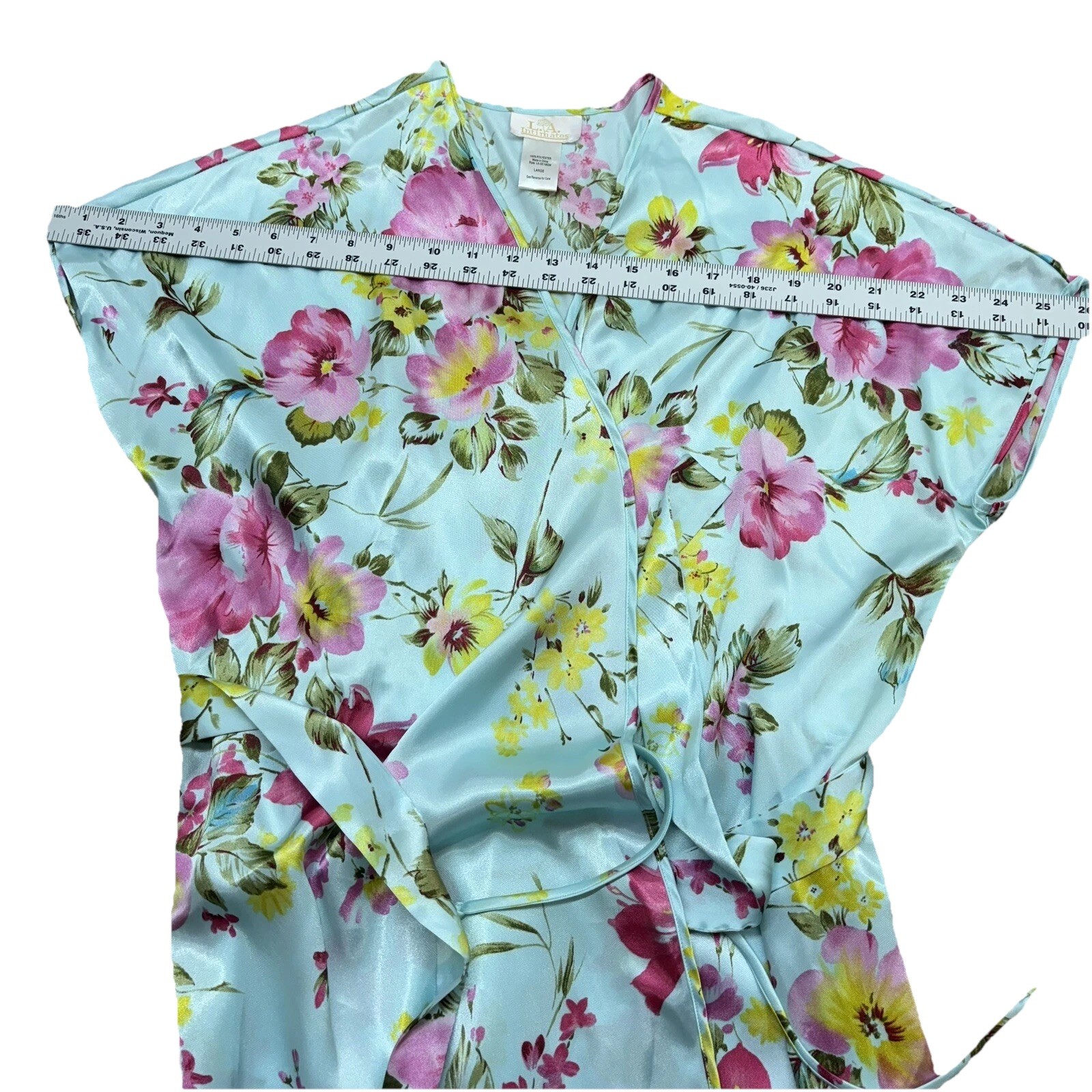 VTG LA Intimates Sz L Robe SS Kimono Wrap Blue Floral Romantic Garden Flowers