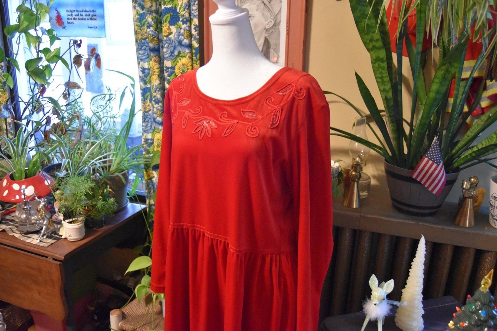 Vintage 90s Studio Ease Red Velvet Long Sleeve Empire Waist Dress Size Large