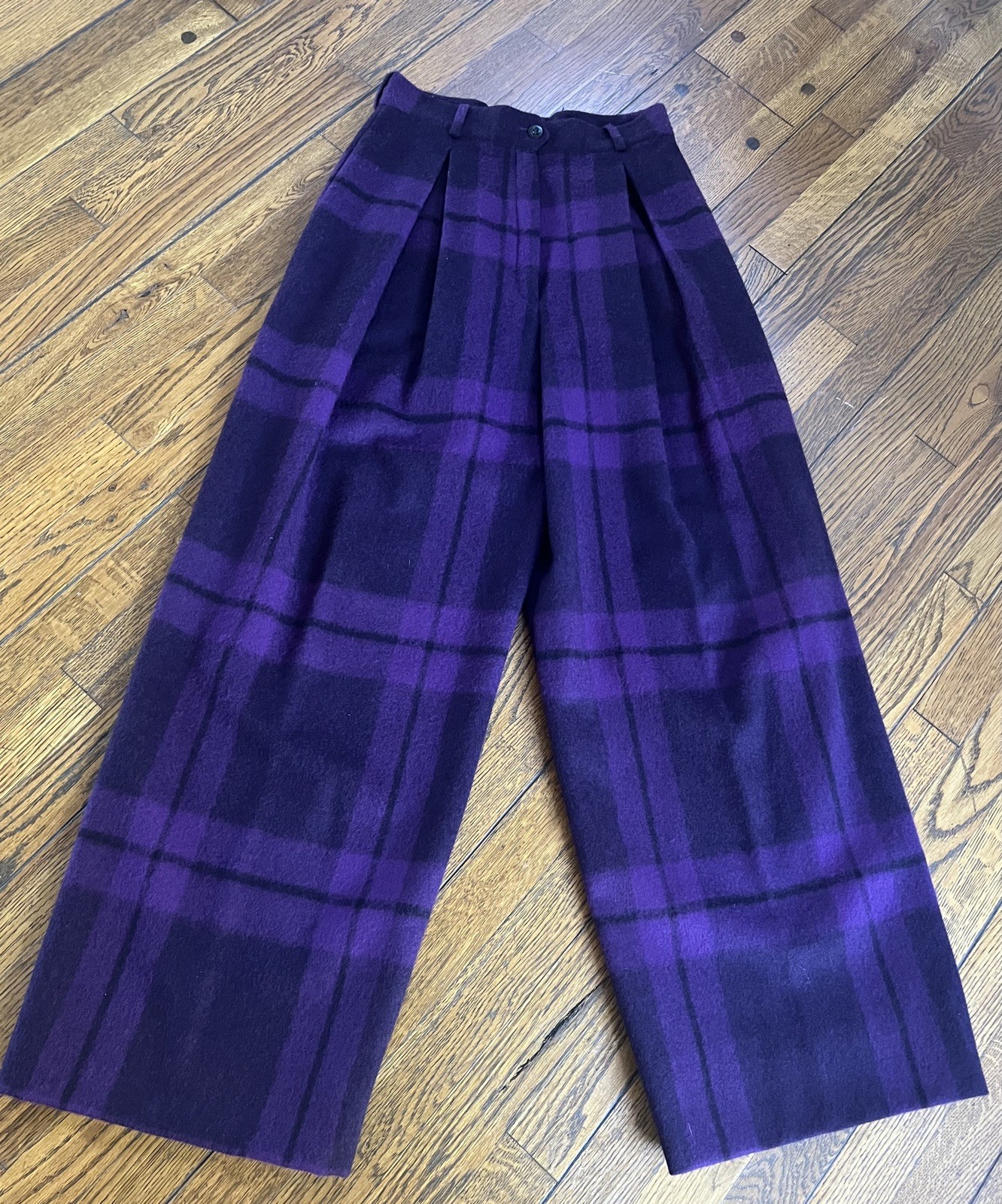 VINTAGE (1980’S) MISSONI PURPLE/ BLACK PLAID WOOL PANTS — NWOT — SIZE 40 US S