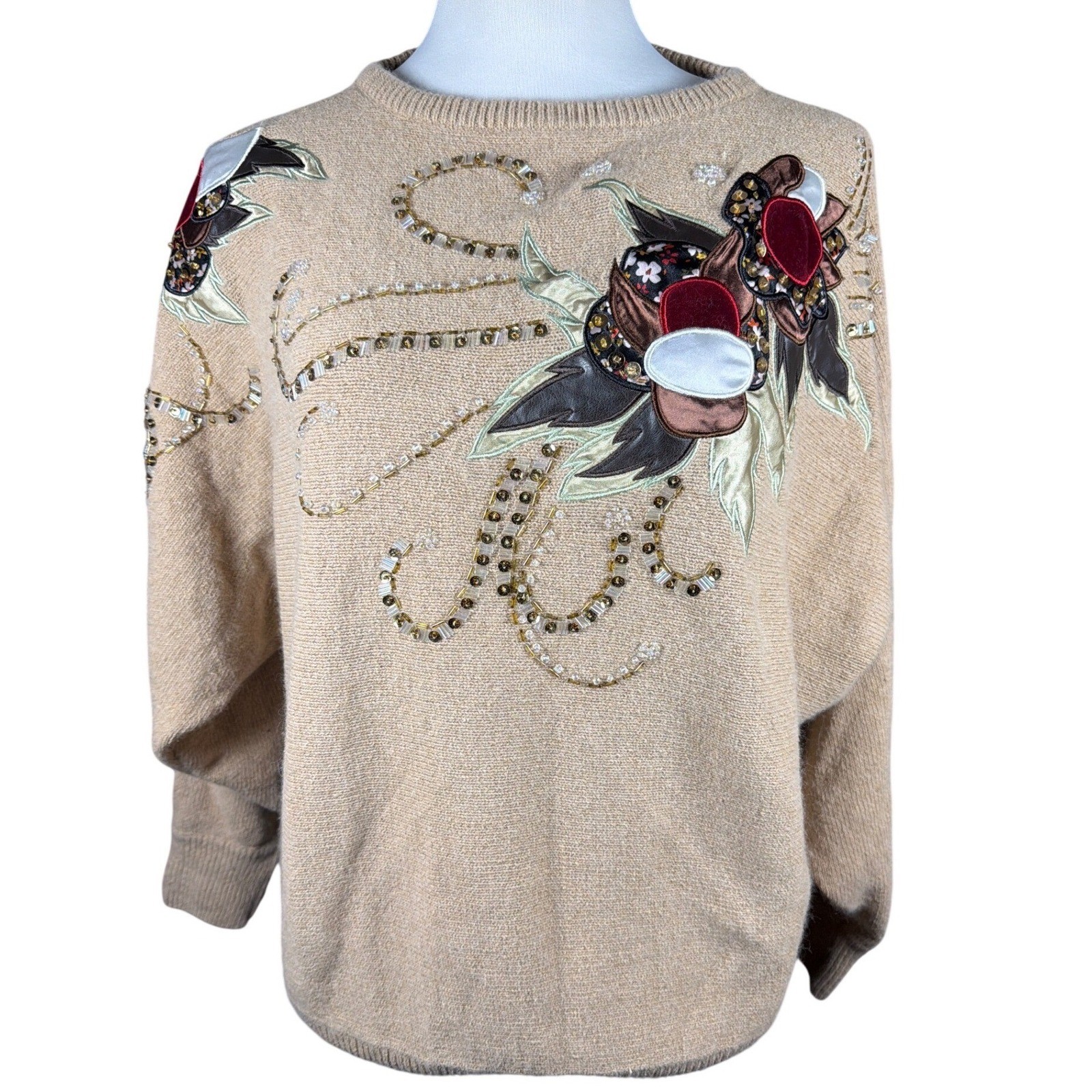 Maurada Vintage Silk Angora Bead Embellished Floral Sweater Tan Beige 3X 61009