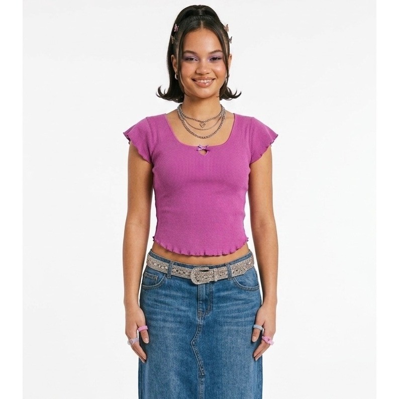 Vintage 80s Jane Fonda Workouts Ribbed Top Womens M Bow Lettuce Edge Crop Y2K