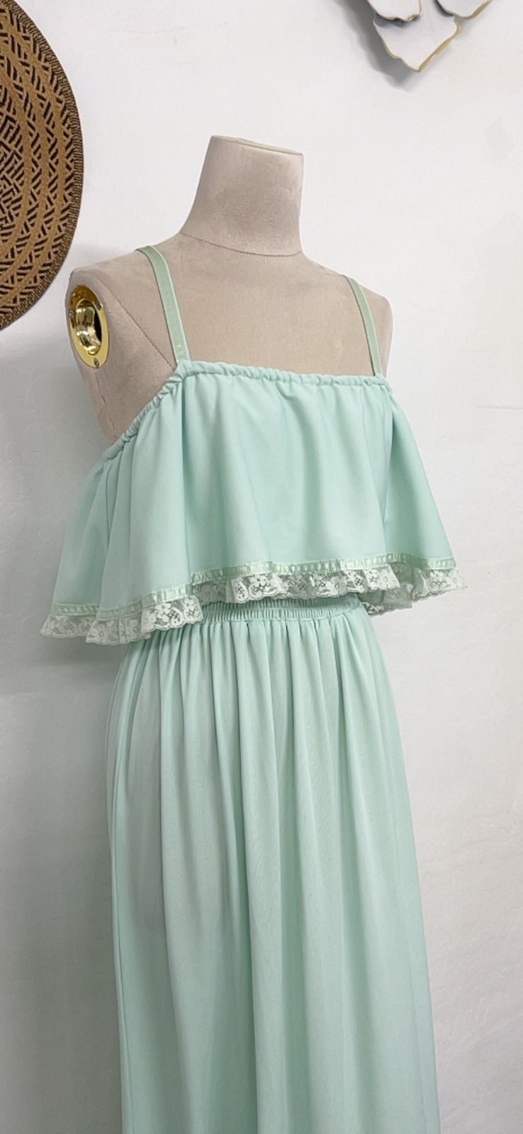 VTG Vicky Vaughn maxi baby doll dress sz S/M – mint green lace ruffle prairie