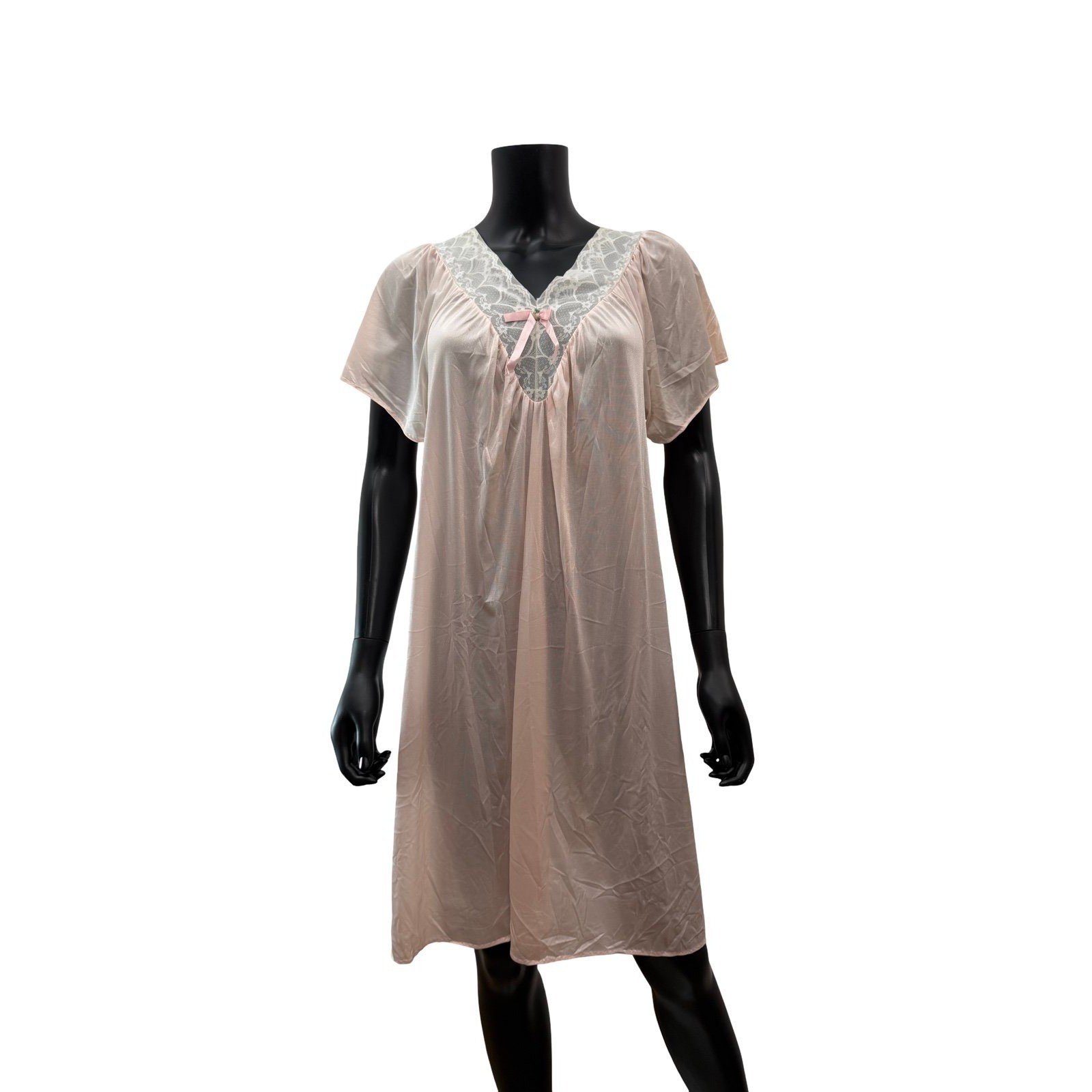 Vintage Finesse Pink Satin Nightgown Lace Trim Babydoll Sleep Dress USA