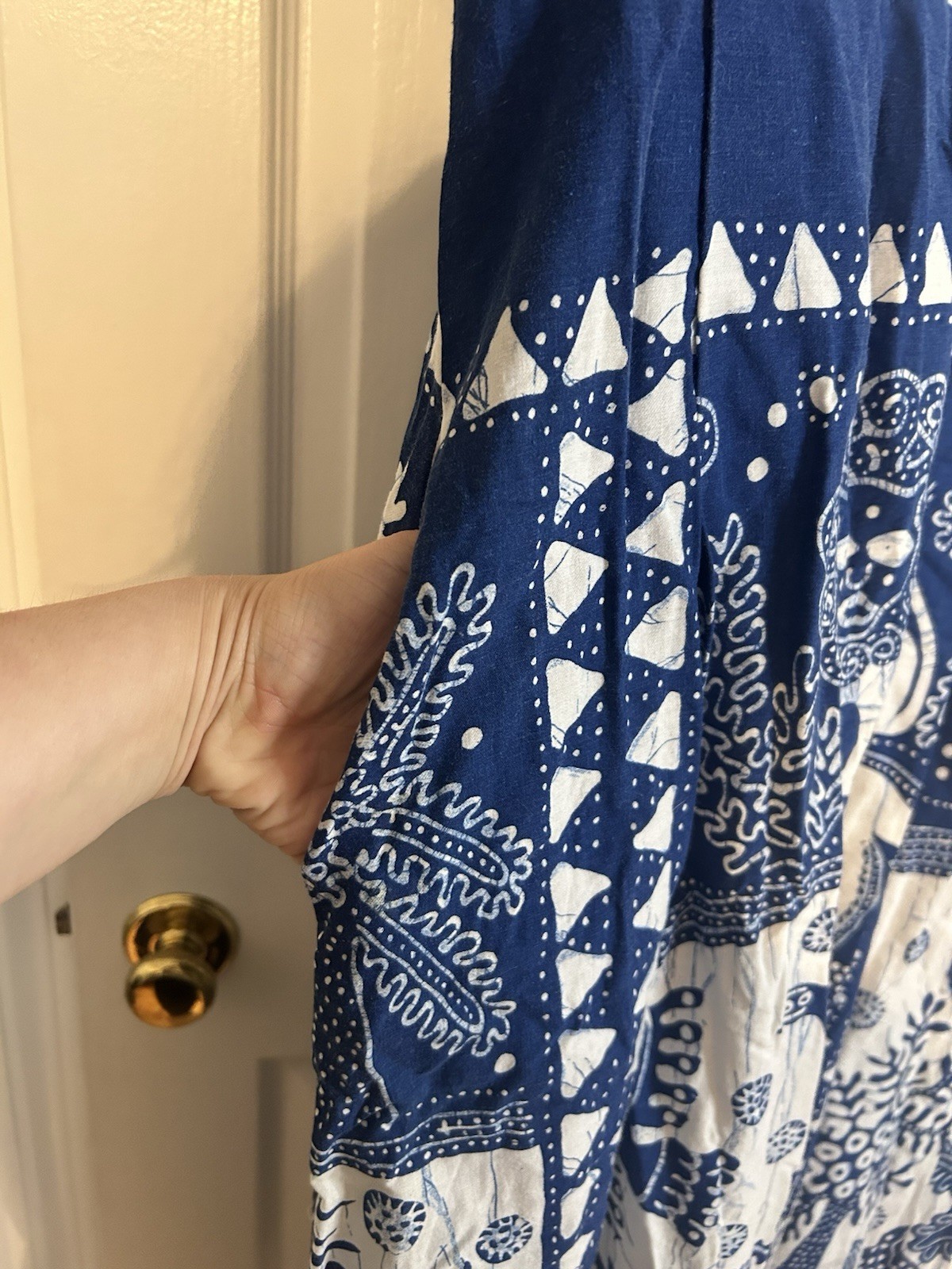 VTG 70s At Home Wear Van Raalte Safari Novelty Maxi Dress Size 14 Blue White USA