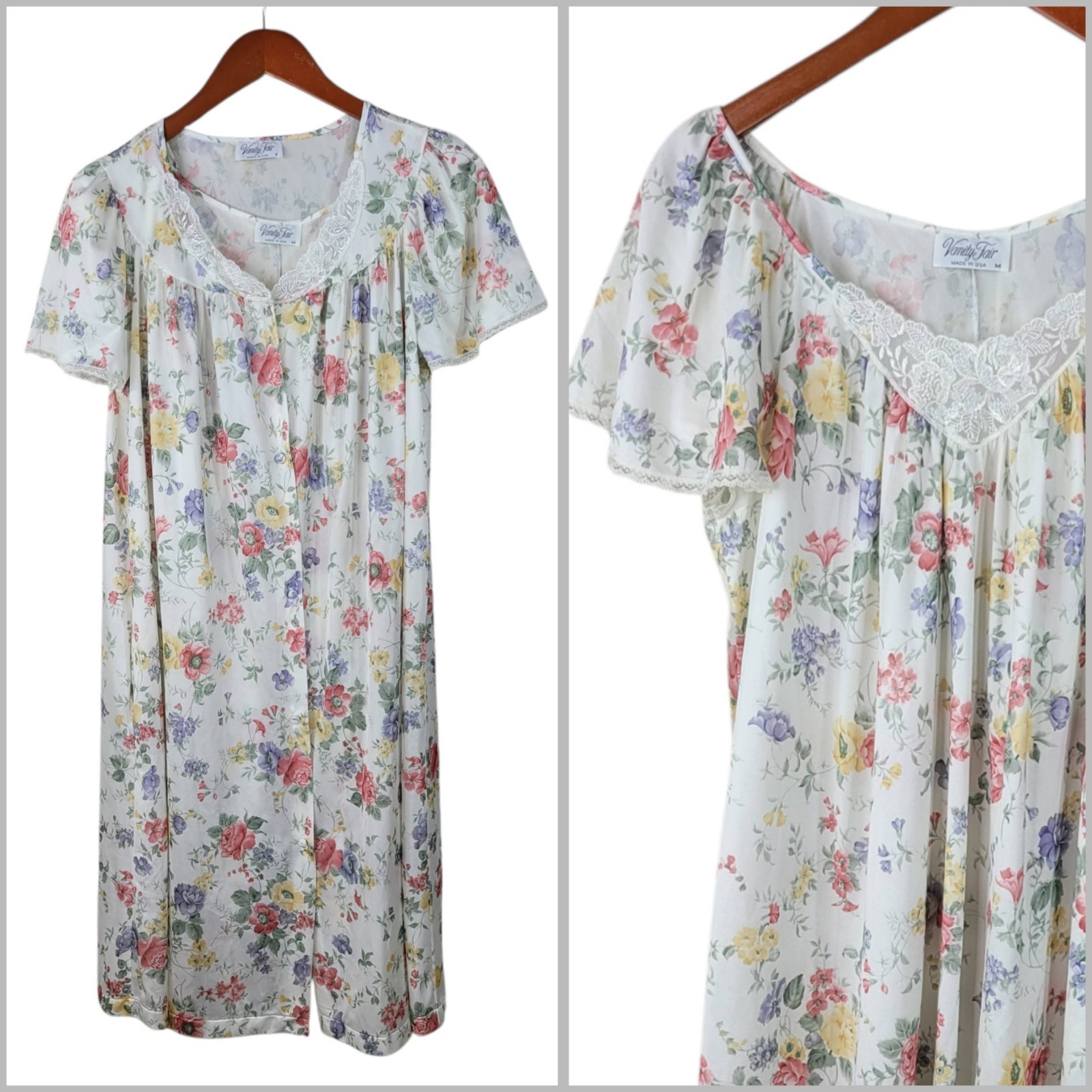 Vintage Vanity Fair Floral Nylon Peignoir Set Robe & Nightgown Size Small Medium