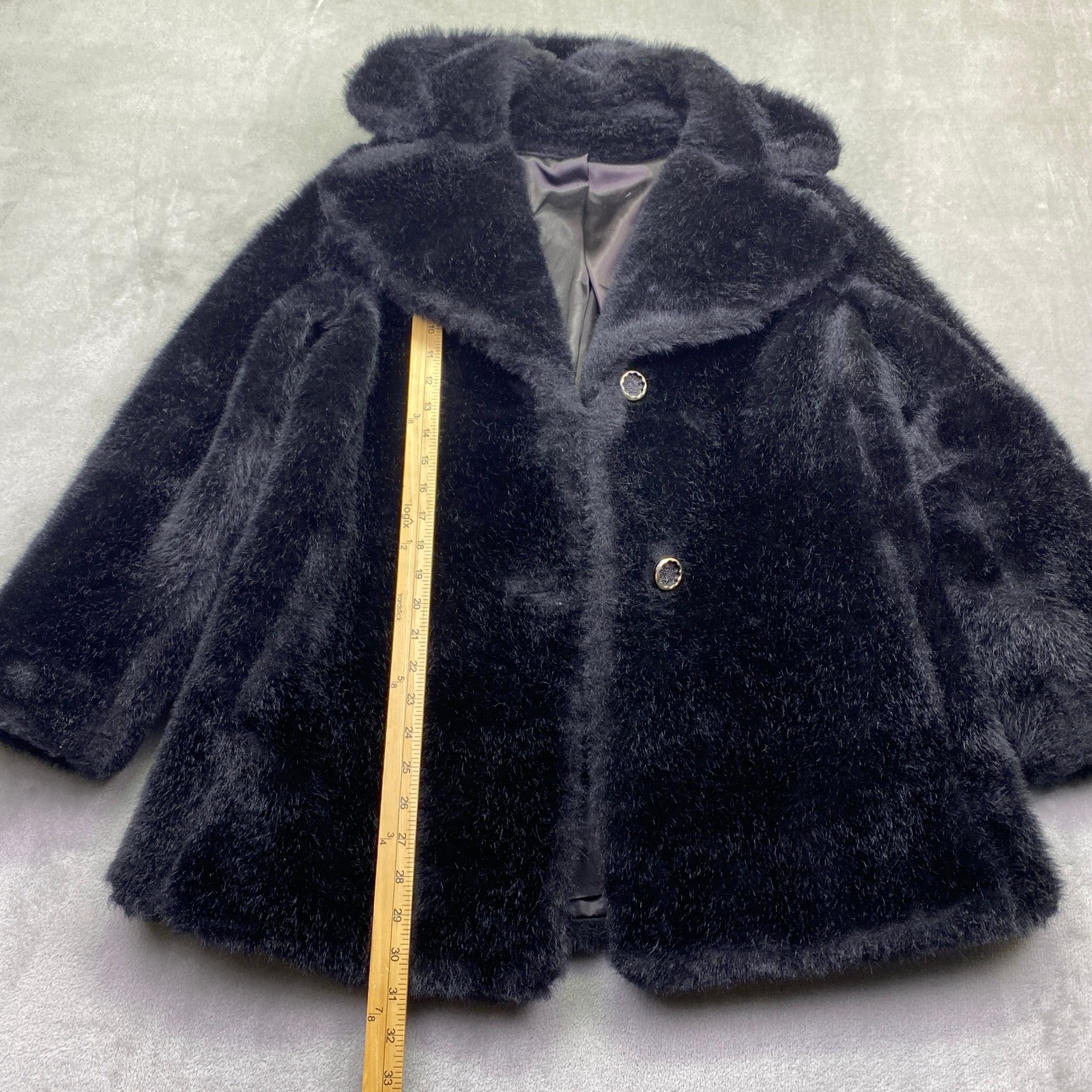 VTG Betty Rose Vintage Black Faux Fur Coat Union Made Mid Century Swing Jacket