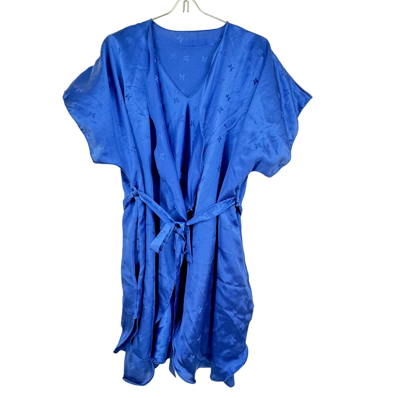 Vintage Parisian Maid Royal Blue Butterfly Satin Nightgown and Robe Set Size S