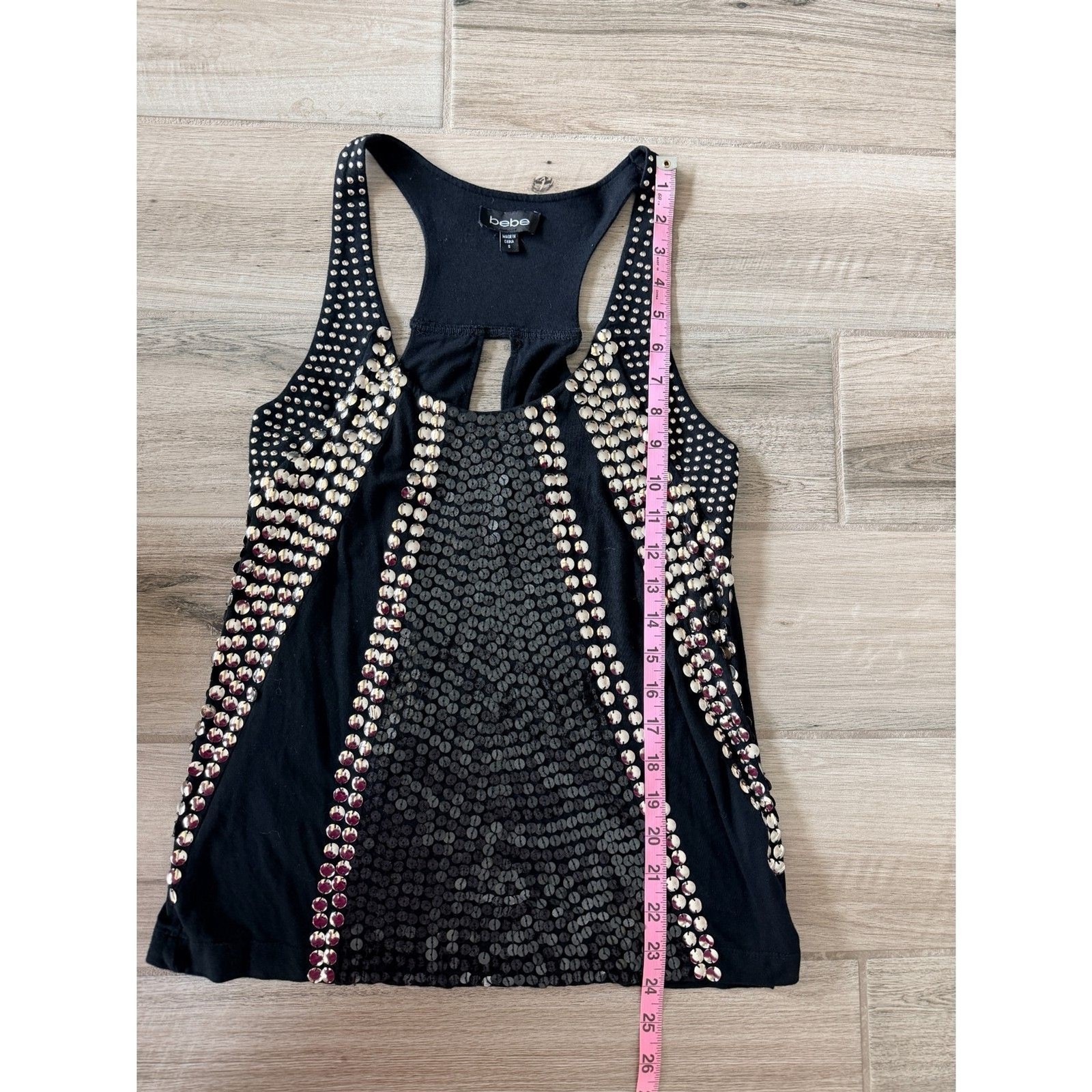 VTG Y2K Bebe Black Tank Top Gold Studded Embellished Keyhole Back Clubwear Sz S