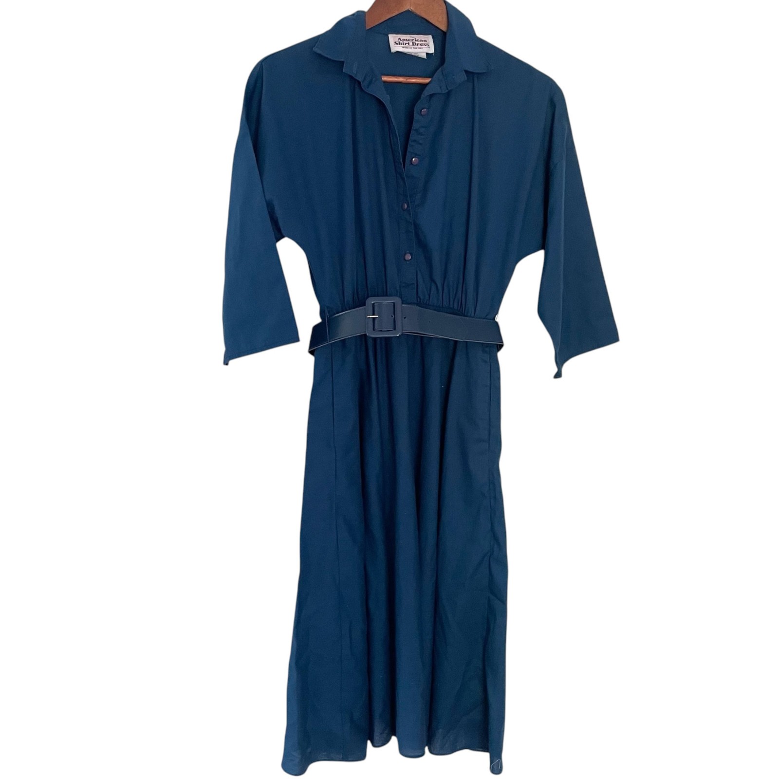 Vintage 80s The American Shirt Dress 8P 8 Petite Navy Blue Midi A Line Belted