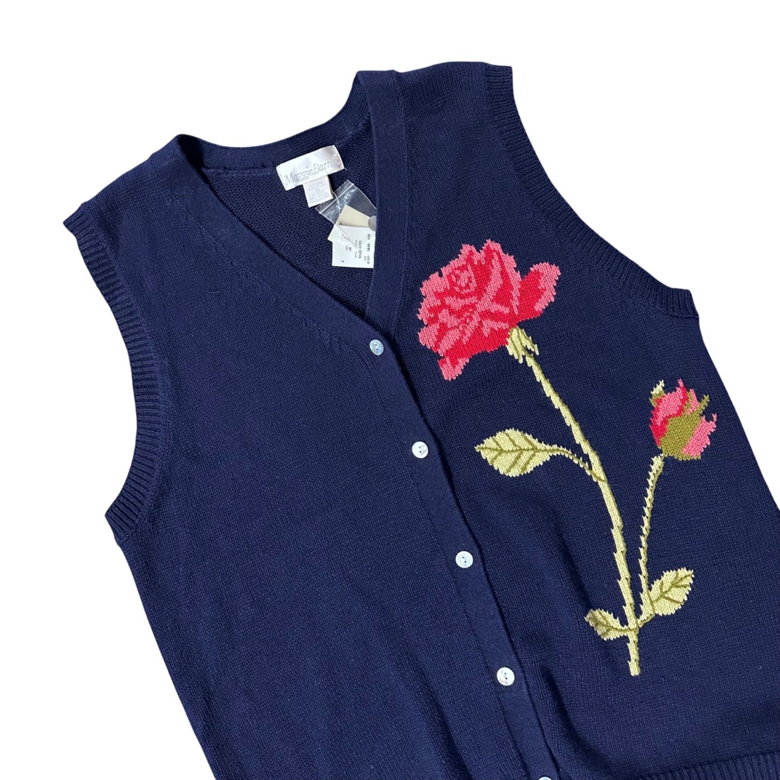 Vintage Navy Blue Sweater Vest Pink Rose Knit Button Front 1X Maggie Barnes