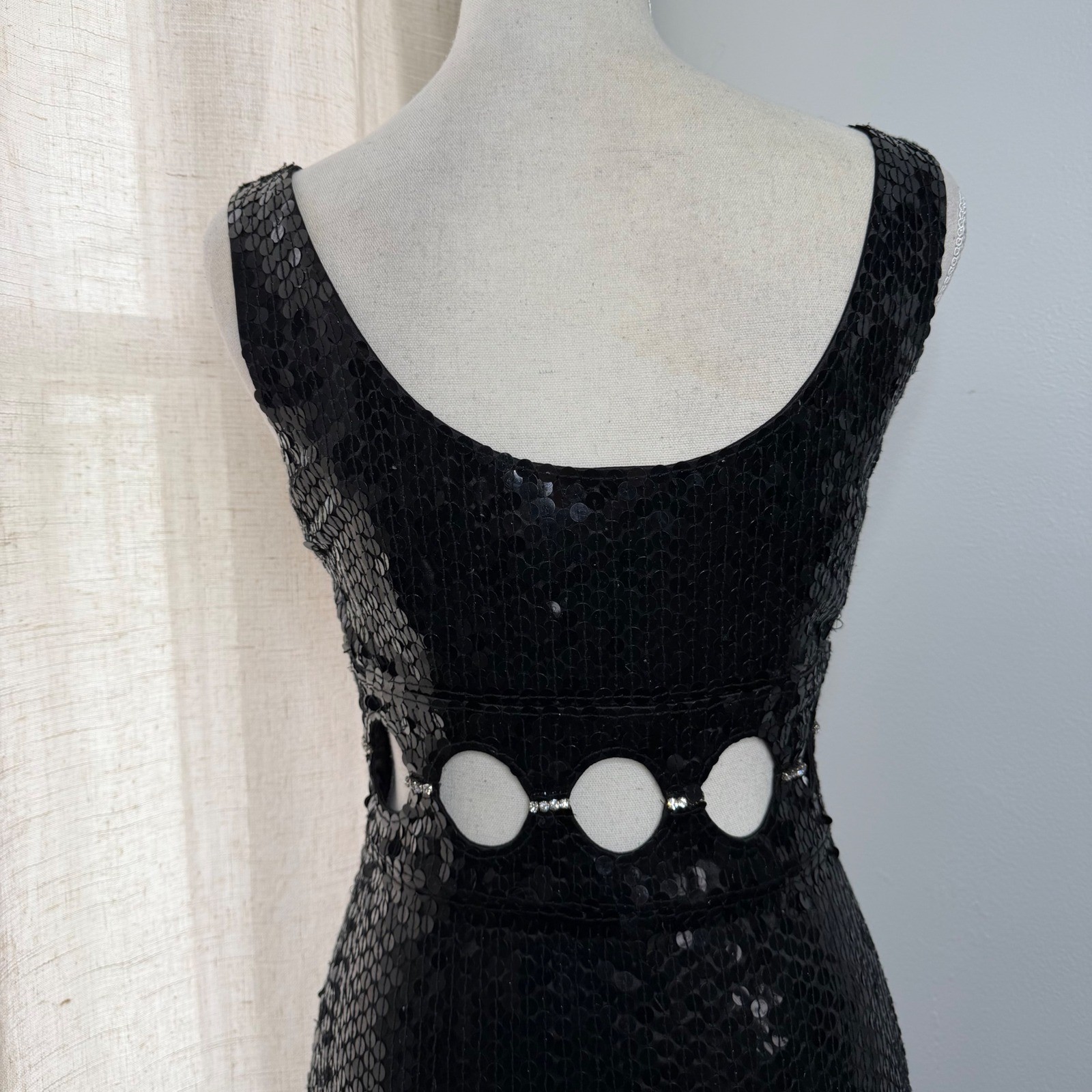 Vintage Niteline Della Roufogali Sequin Cutout Rhinestone Mini Dress Black 4