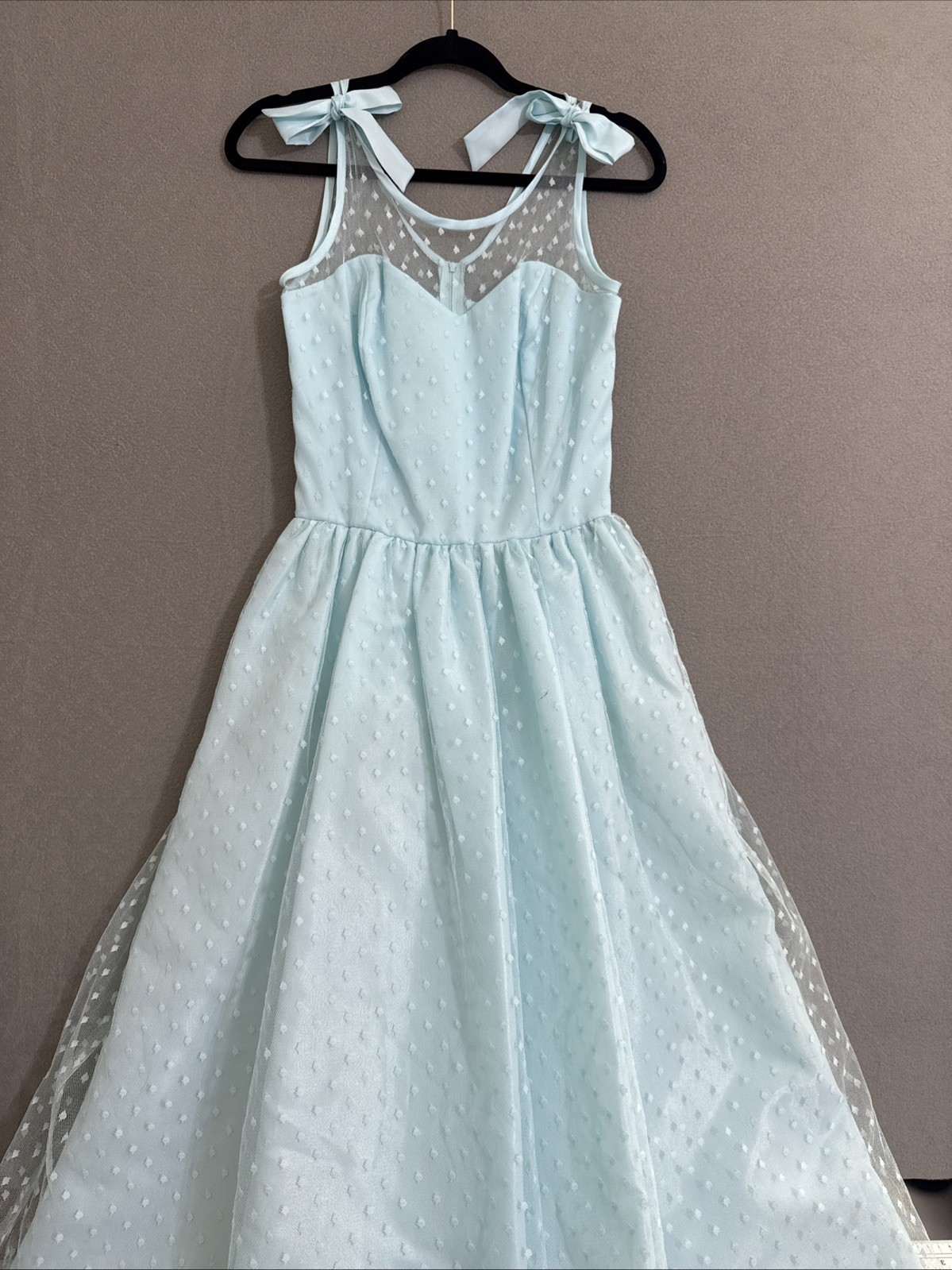 Vtg 50s Fit & Flare Dress Chiffon Tulle Party Prom Midi Dots Blue On Blue Talon