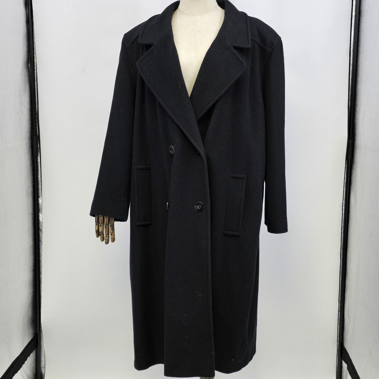 Perlette Black P-Coat Wool Blend Double Breasted Long Coat USA Made Vtg