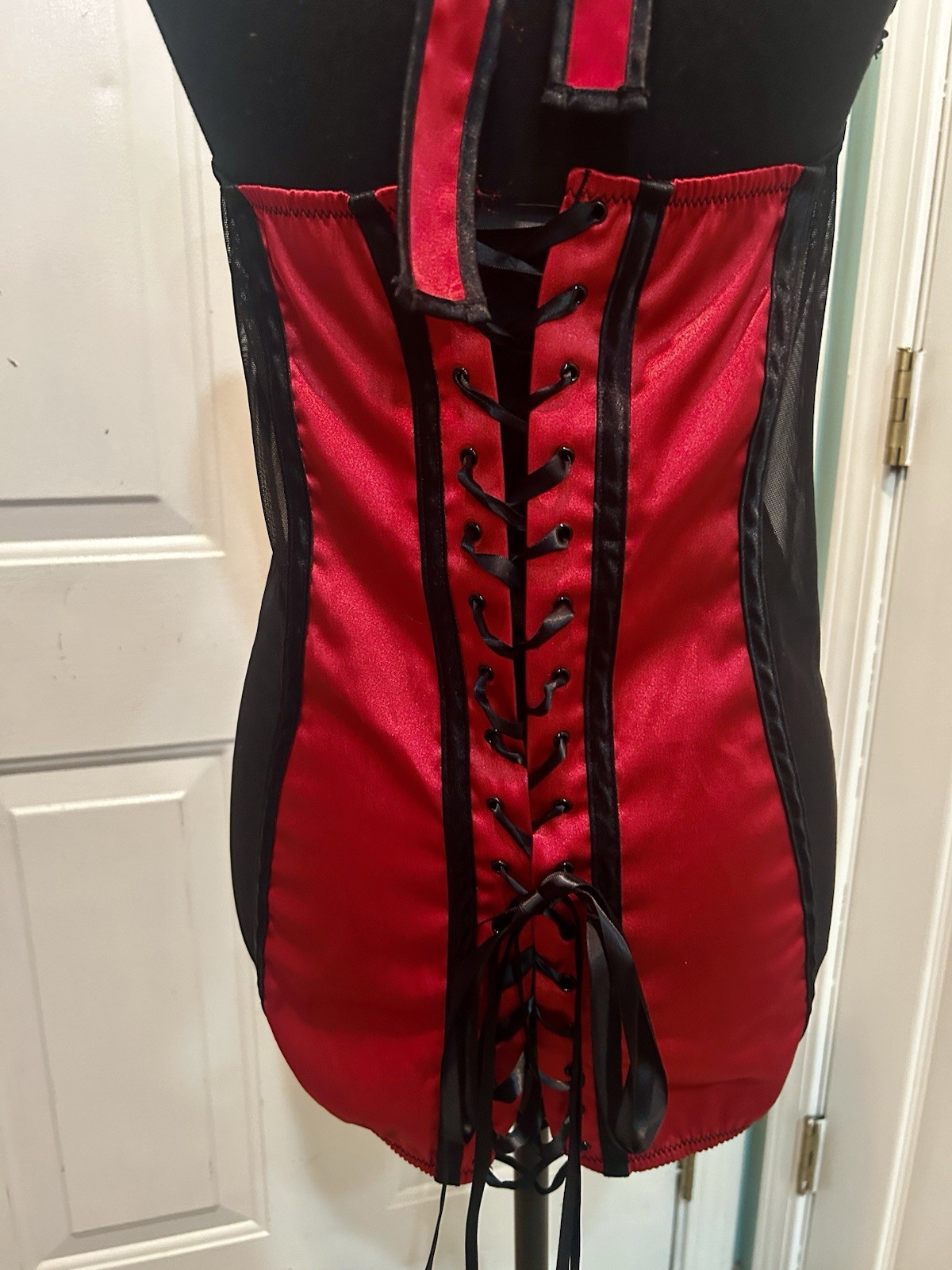 VTG Shirley of Hollywood Red Satin Black Mesh Lace Corset Style Lingerie Dress