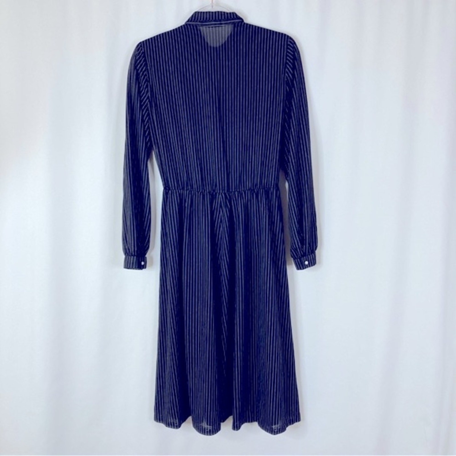 Vintage Black White Pinstripe Ruffle Button Down Mid Length Dress SHEER Medium?