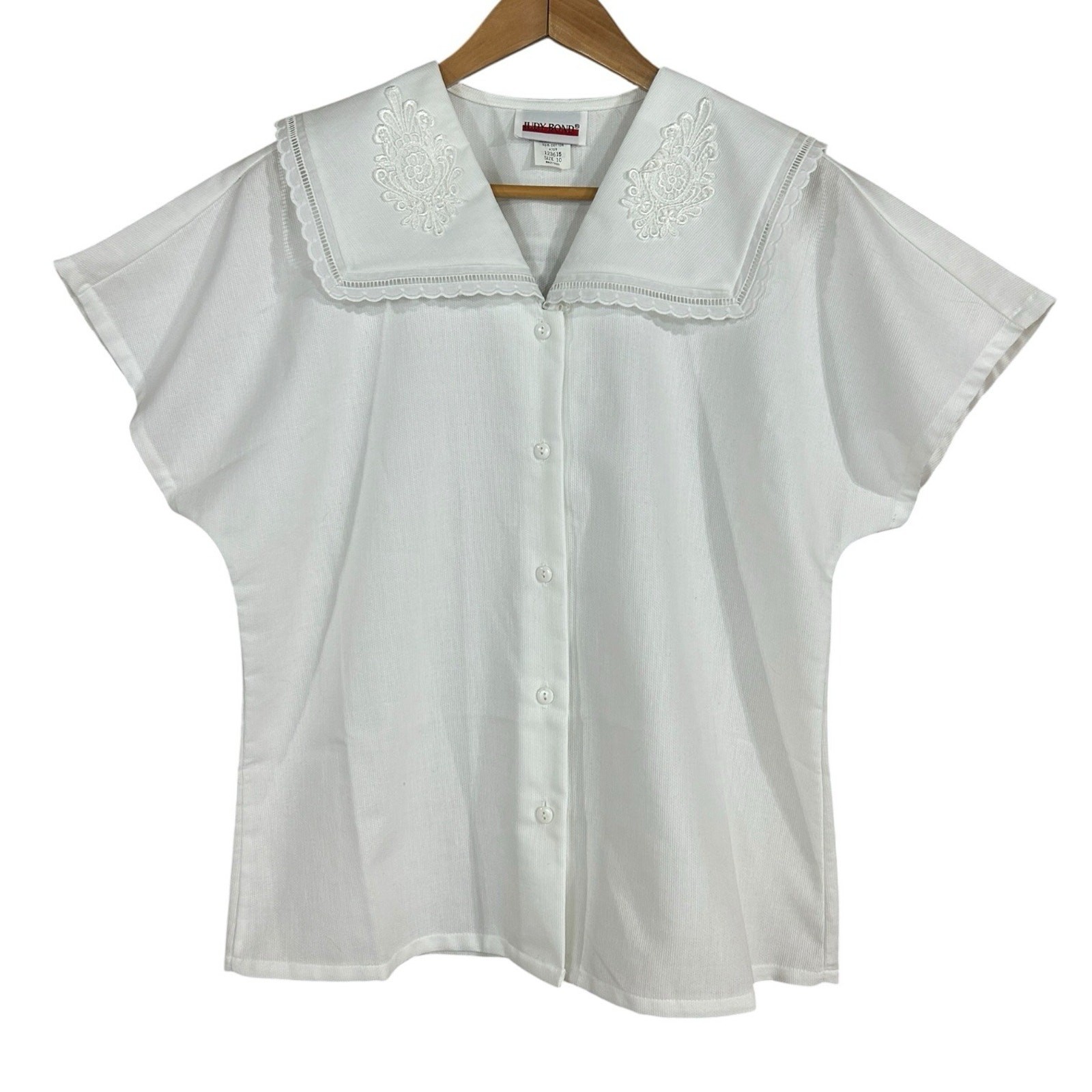 Vintage White Blouse Top Judy Bond Sailor Collar Button Down SZ 10 Short Sleeve