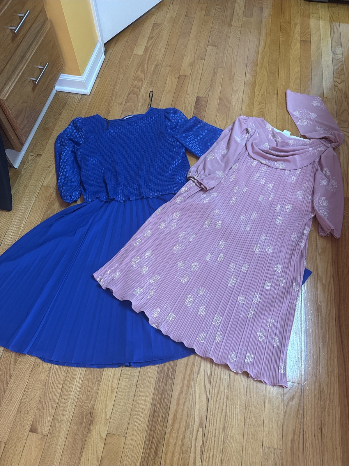 Vtg Lot 2-MCS LTD New York Blue & Pink Dress Pleated Dressy Cocktail Party Uniqu
