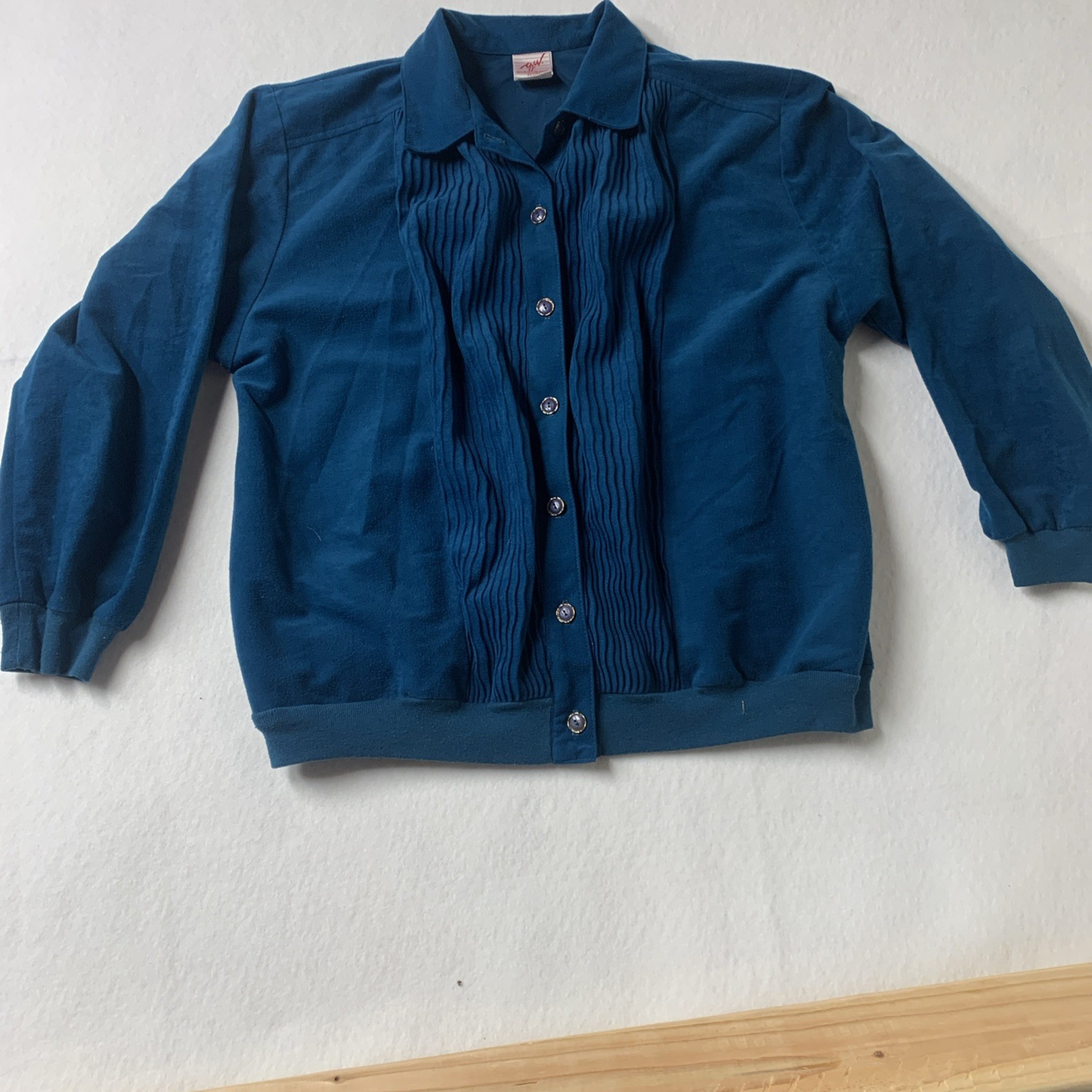 Vintage AJW Graff Petite Women’s Teal Blue Pintuck Pleated Button Cardigan