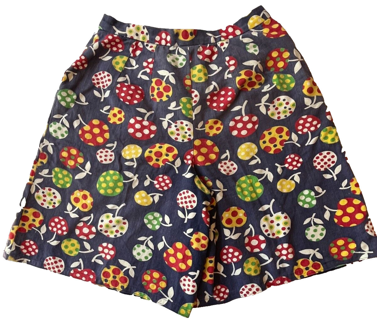 Vintage Womens Shorts Size Small Groovy 1970s Polka Dot Fruit High Waisted Blue