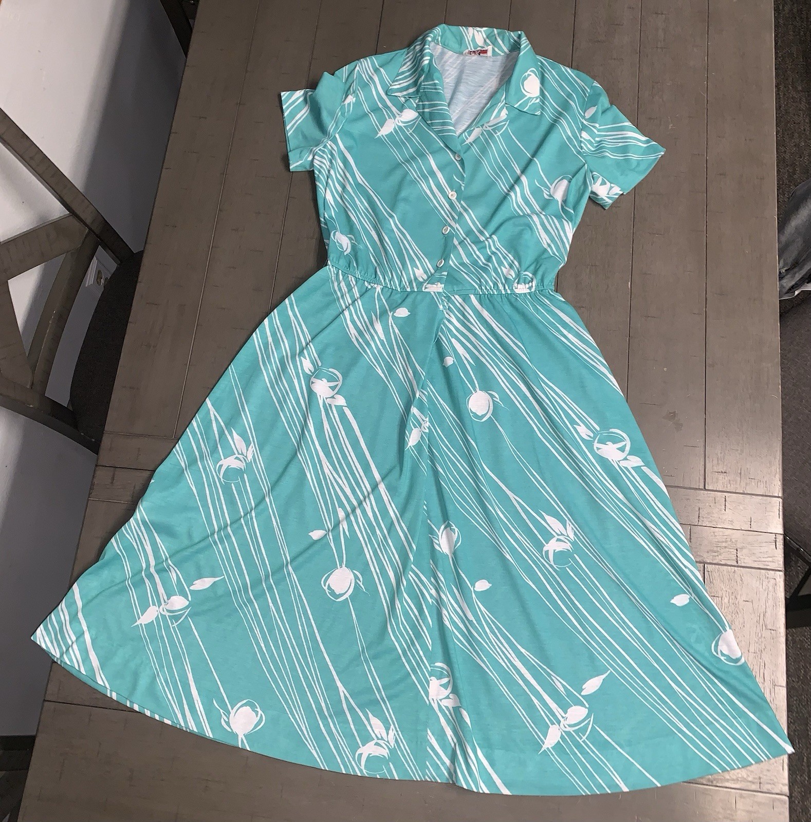 A7 VTG 80s R&K ORIGINALS TROPICAL FLORAL AQUA/WHITE SHIRT DRESS 7/8 ROCKABILLY