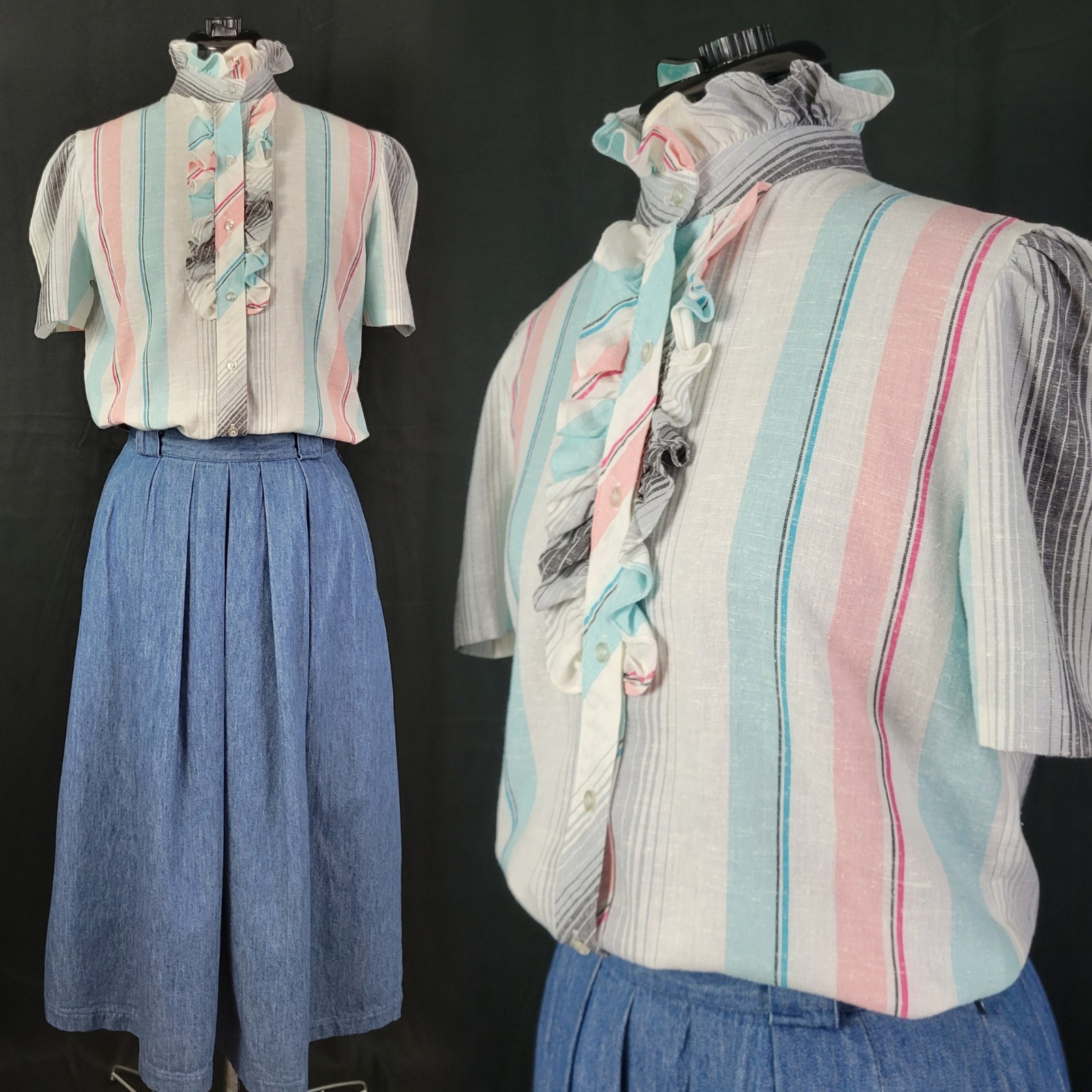 Vtg Lucky Winner White/Blue/Pink/Grey Striped S/S Top w Ruffled Collar Size M?